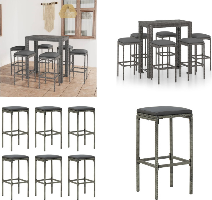 vidaXL 7-dielny záhradný barový set s vankúšmi polyratan sivý - Barový set - Barové sety - Barový stôl a barové stoličky - Barový stôl