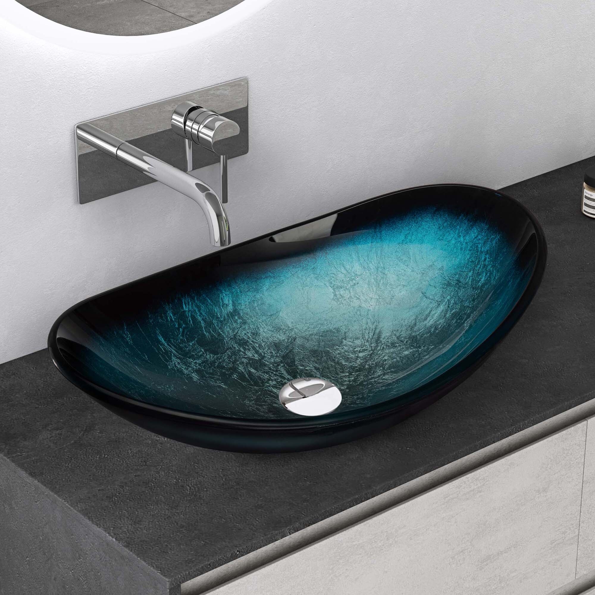 Mai&Mai Mai & Mai Waschbecken Glas Aufsatzwaschbecken Glaswaschbecken Handwaschbecken Waschschale Oval Blau BxTxH 53,5x35,5x16 cm Minerva08 34455