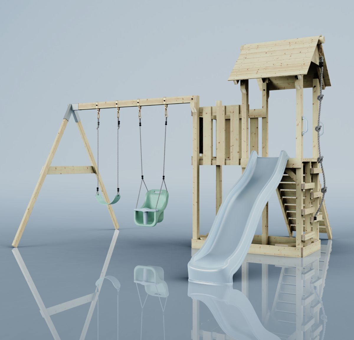 OutdoorToys Spielturm mit Wellenrutsche und 2x Kinder-Schaukel, Outdoor Klettergerüst Garten mit Plattform, Ausführung: Babyschaukel, Farbe: Eisblau, mit Babyschaukel O4.5.00284.9