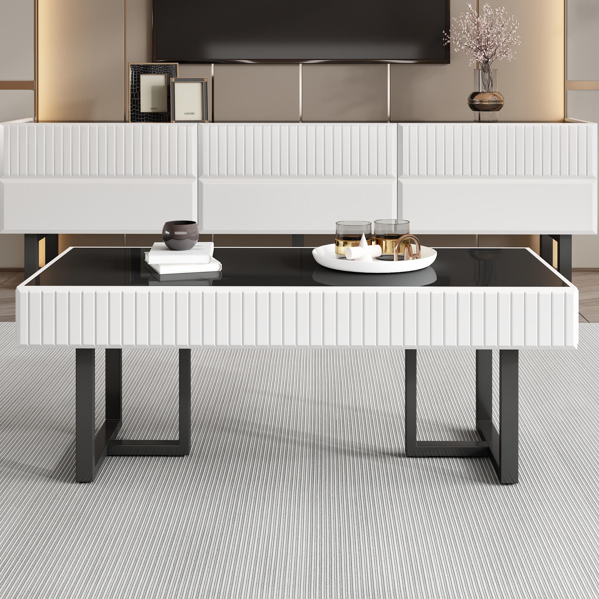 Merax Wohnzimmermöbel Set mit minimalistische Couchtisch und TV-Möbel, Wohnzimmermöbel mit Streifen, TV-Wohnwand Set Schwarz + Weiß