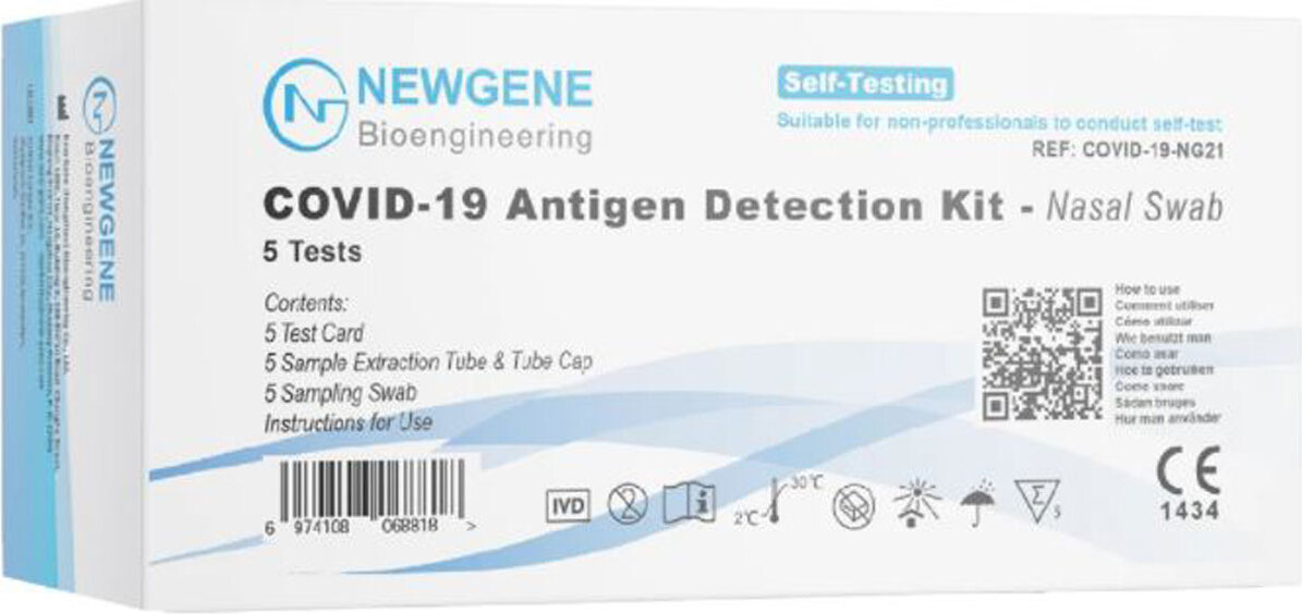 NewGene 5 Stück Covid-19 Antigen-Nachweis-Kit - Nasenabstrich, Für den Einsatz im Selbsttest, BfArM AT1210/21, Schnelltest New Gene COVID-19-NG21