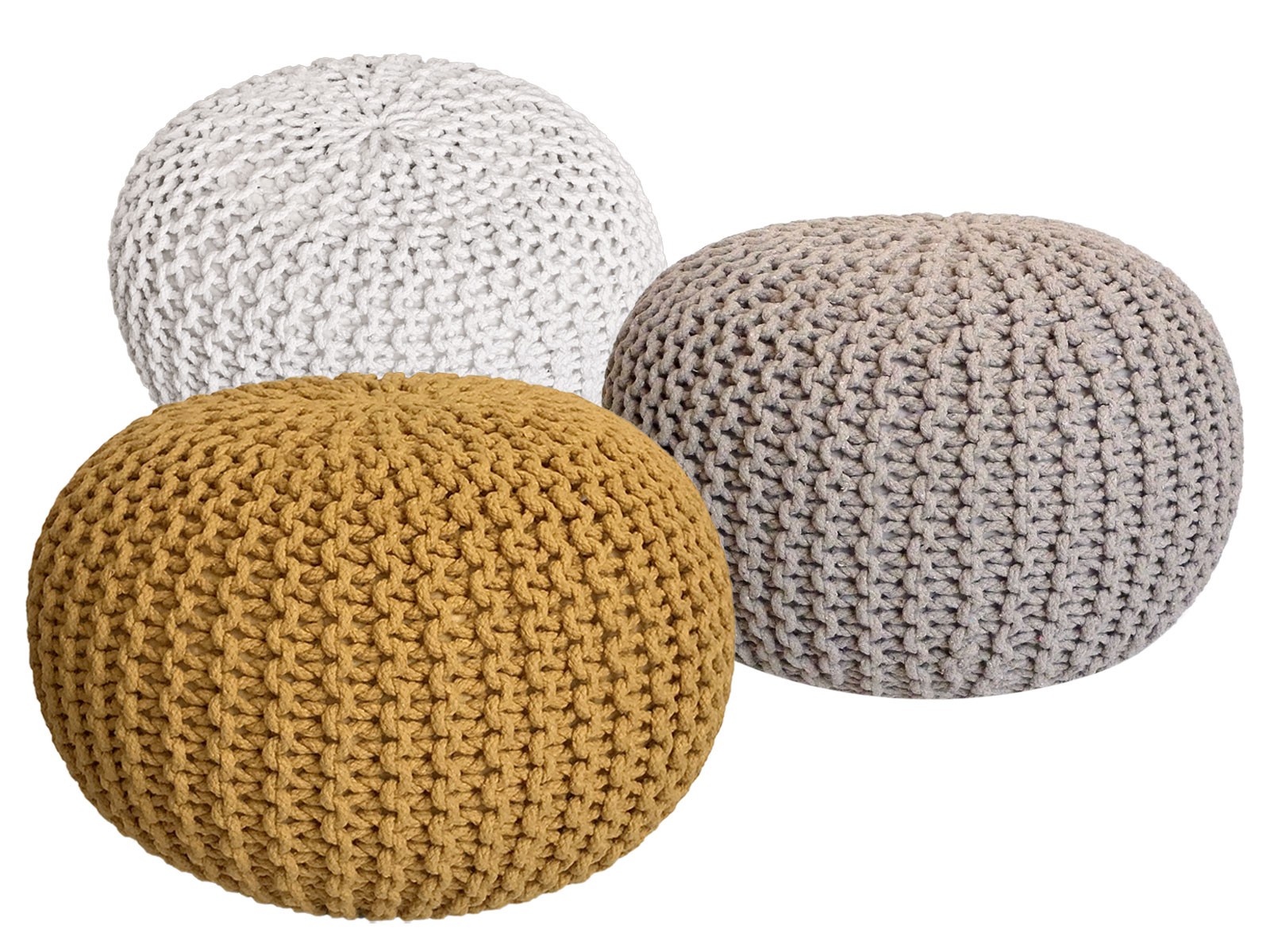 Abato Strickhocker 3er Set Pouf Sitzpouf Pouf weiß beige gelb Ø 55cm