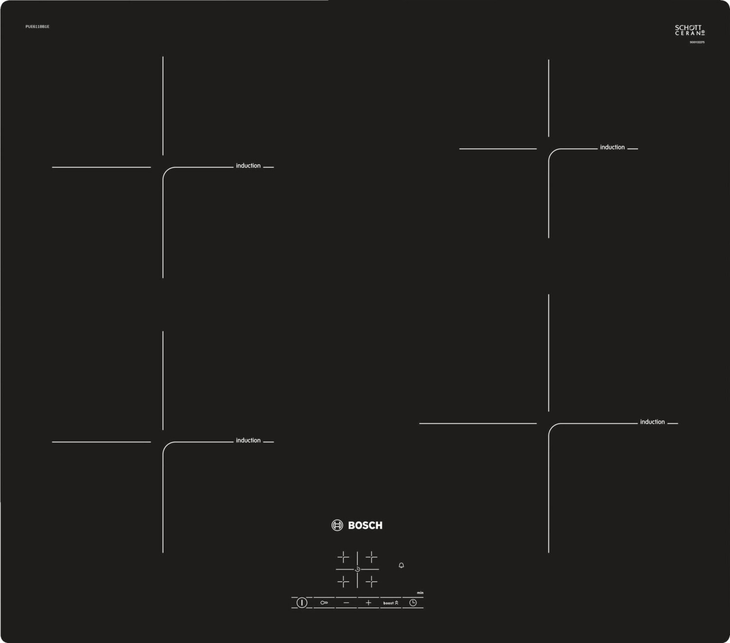Bosch Serie 4 PUE611BB1E, Čierna, Vstavaný, Indukčná varná doska so zónami, Keramický, 4 zone(s), 4 zone(s)