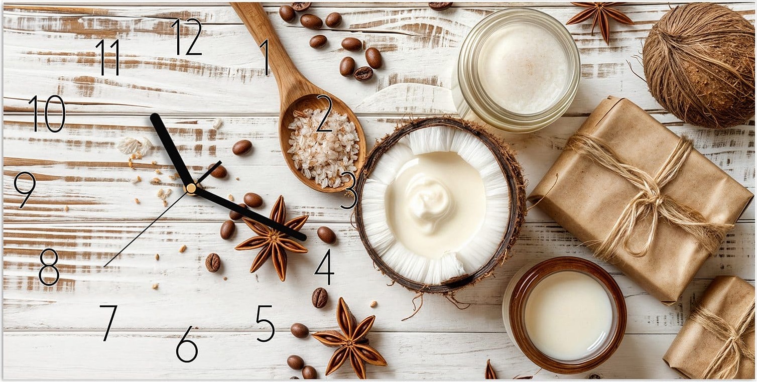 Primedeco Wanduhr aus Glas mit Motiv Natürliche Pflegeprodukte- 60 x 30 cm - inkl. Aufhängesystem