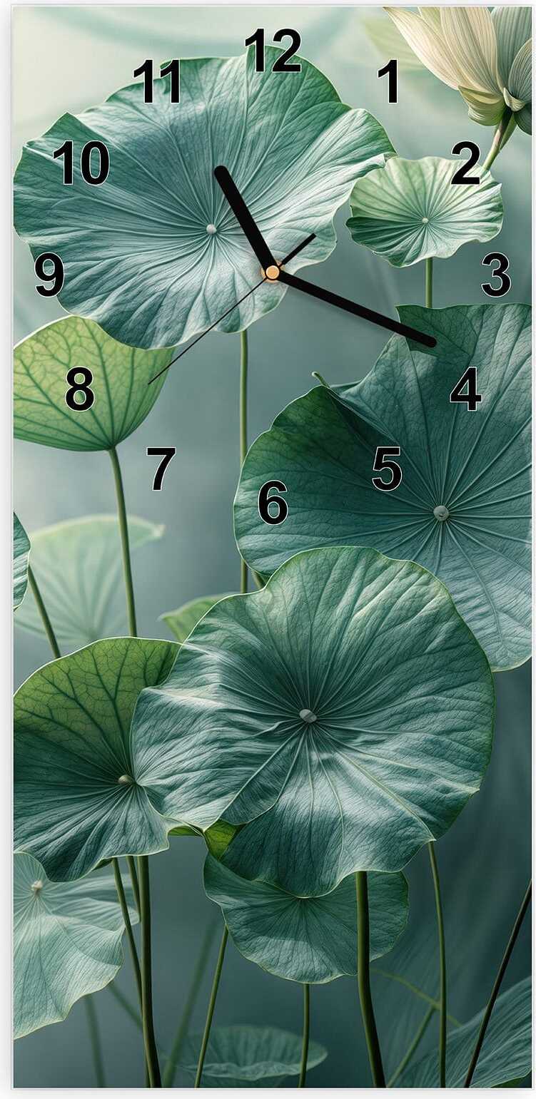 Primedeco Wanduhr aus Glas mit Motiv Lotusblätter Grün- 30 x 60 cm - inkl. Aufhängesystem
