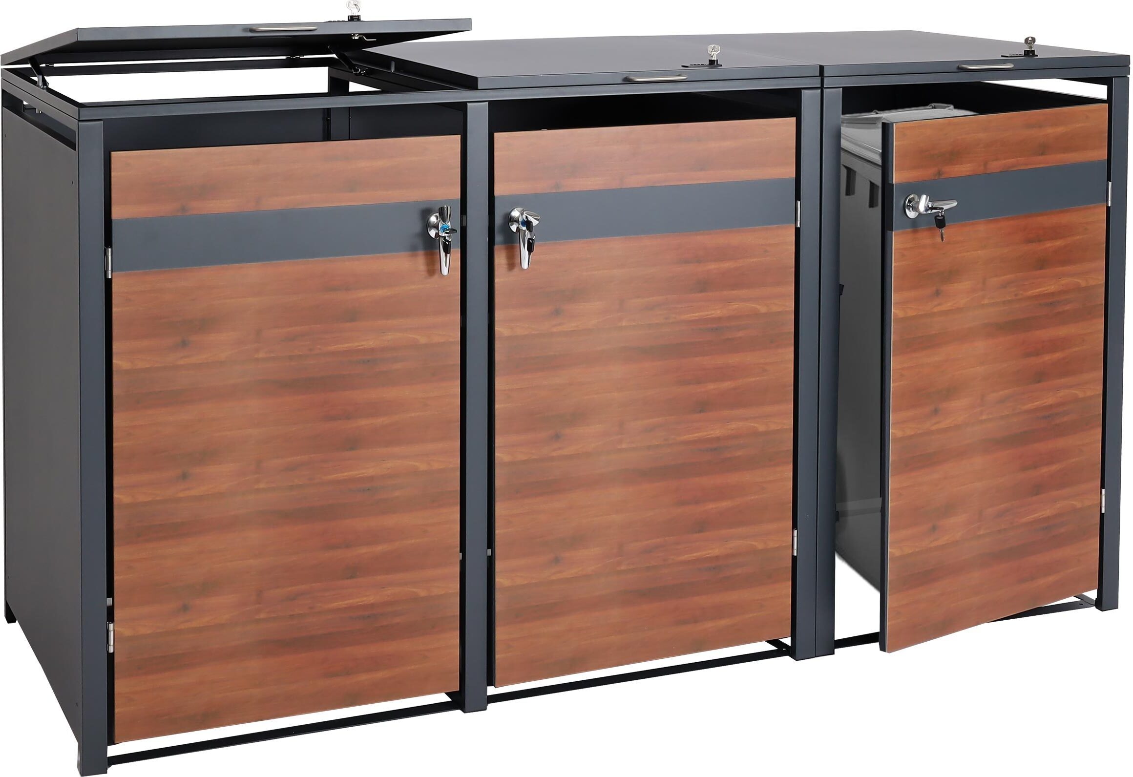 Mendler 3er Mülltonnenverkleidung HWC-J82, Mülltonnenbox, erweiterbar, Metall 80kg, anthrazit Kirsche-Holzoptik dunkelbraun 83368a