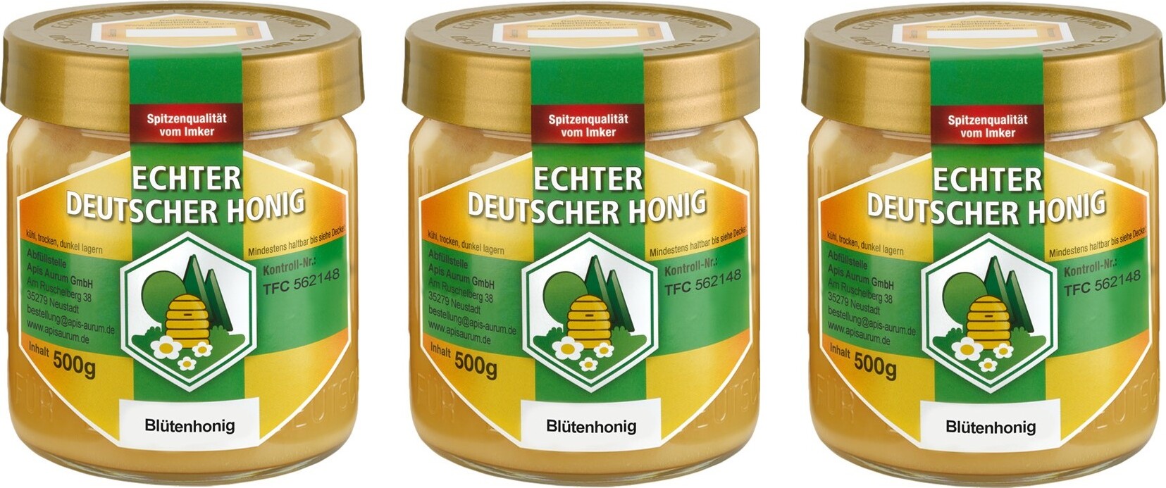 Apis Aurum GmbH Echter Deutscher Honig aus Hessen. Naturbelassen, fein gesiebt und ungefiltert 3x500g Blütenhonig
