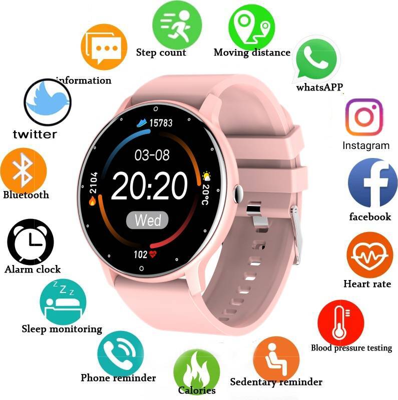 Inteligentné hodinky s plným dotykovým displejom športové fitness hodinky Ip67 vodotesné Bluetooth pre Android Ios Muži žena Smartwatche, ružová,