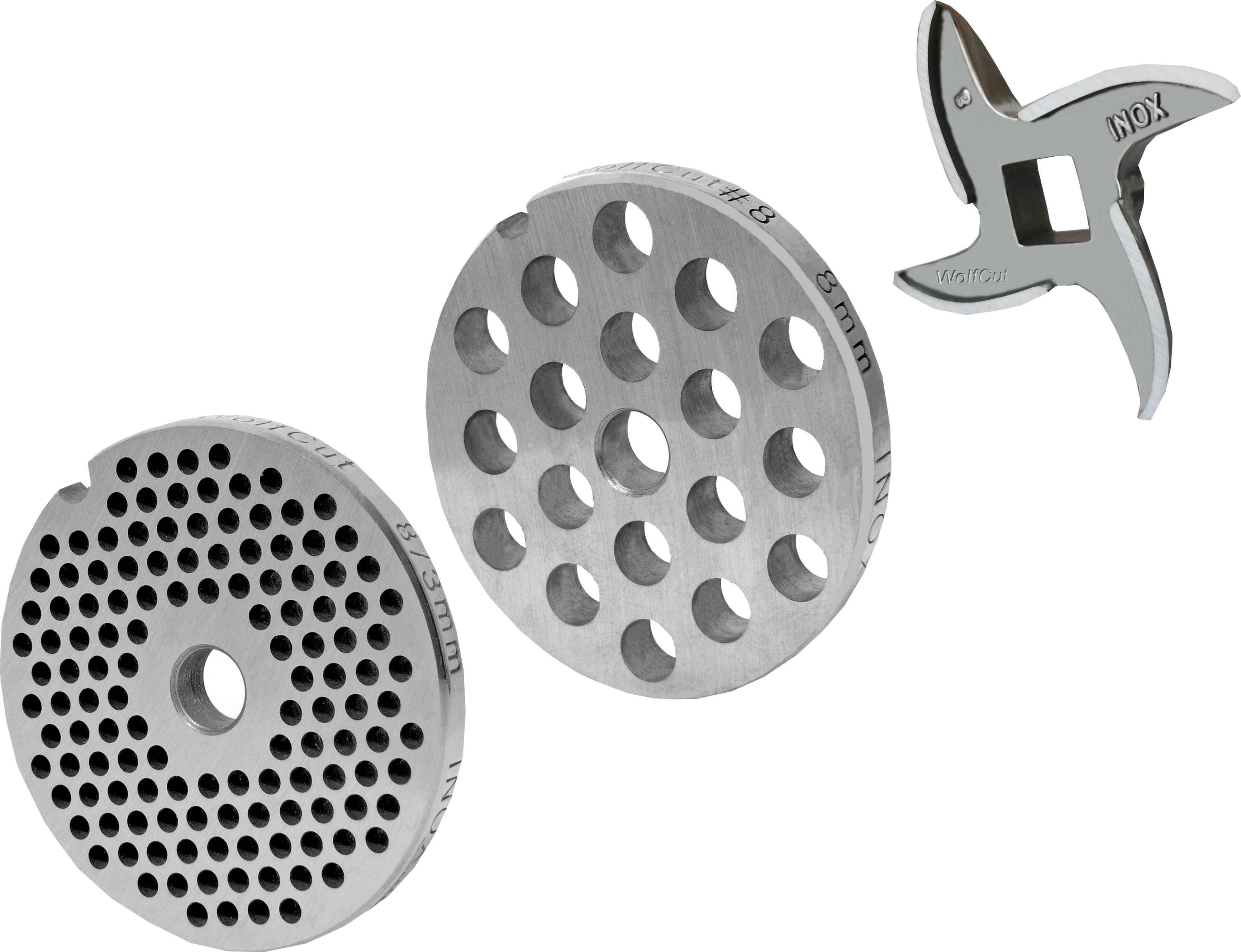 Jpc-Wolfcut Fleischwolfscheibensatz 3 mm + 8 mm Bohrung und 1 Sichelmesser für alle gängigen Fleischwolf Größen 8