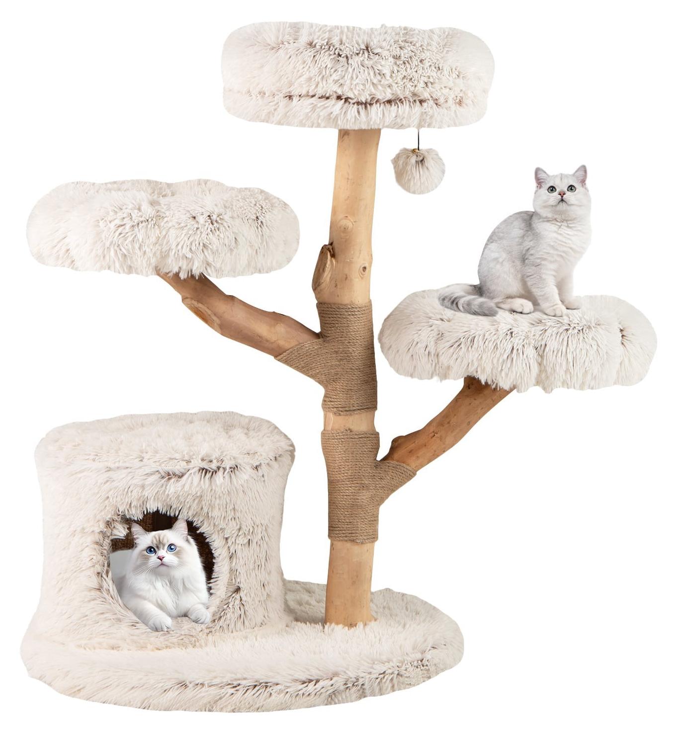 Northix Katzenbaum mit Massivholzstamm und Plüschplattformen, 102 cm