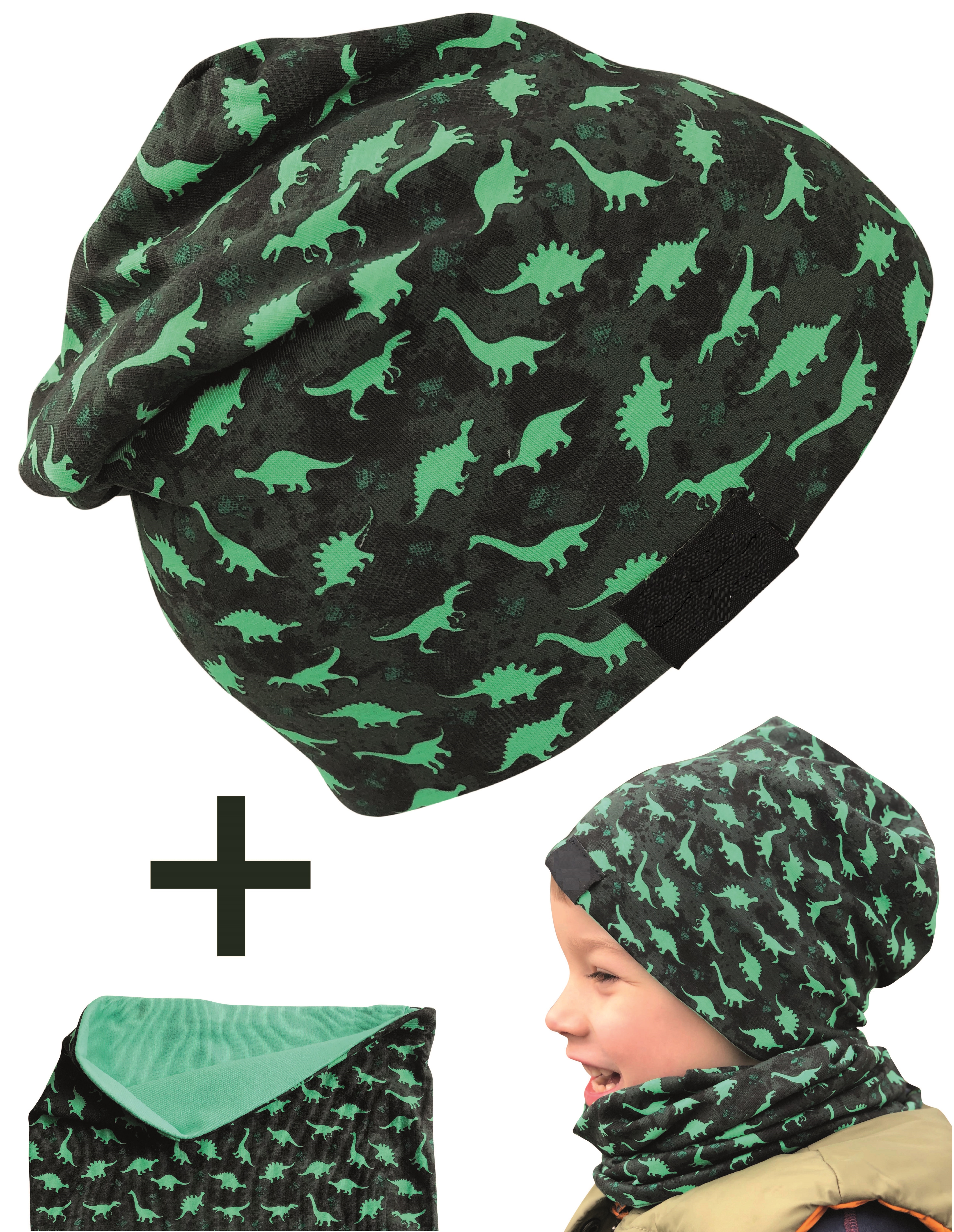 Beanie Set Mütze Loop Kinder Jungen Dino grau Dinosaurier handmade NEU 