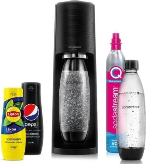 SODASTREAM Terra Black Saturator + CO2 bombička ružová 2 fľaše Fuse 1l sirupy (Pepsi, Lipton) čierna