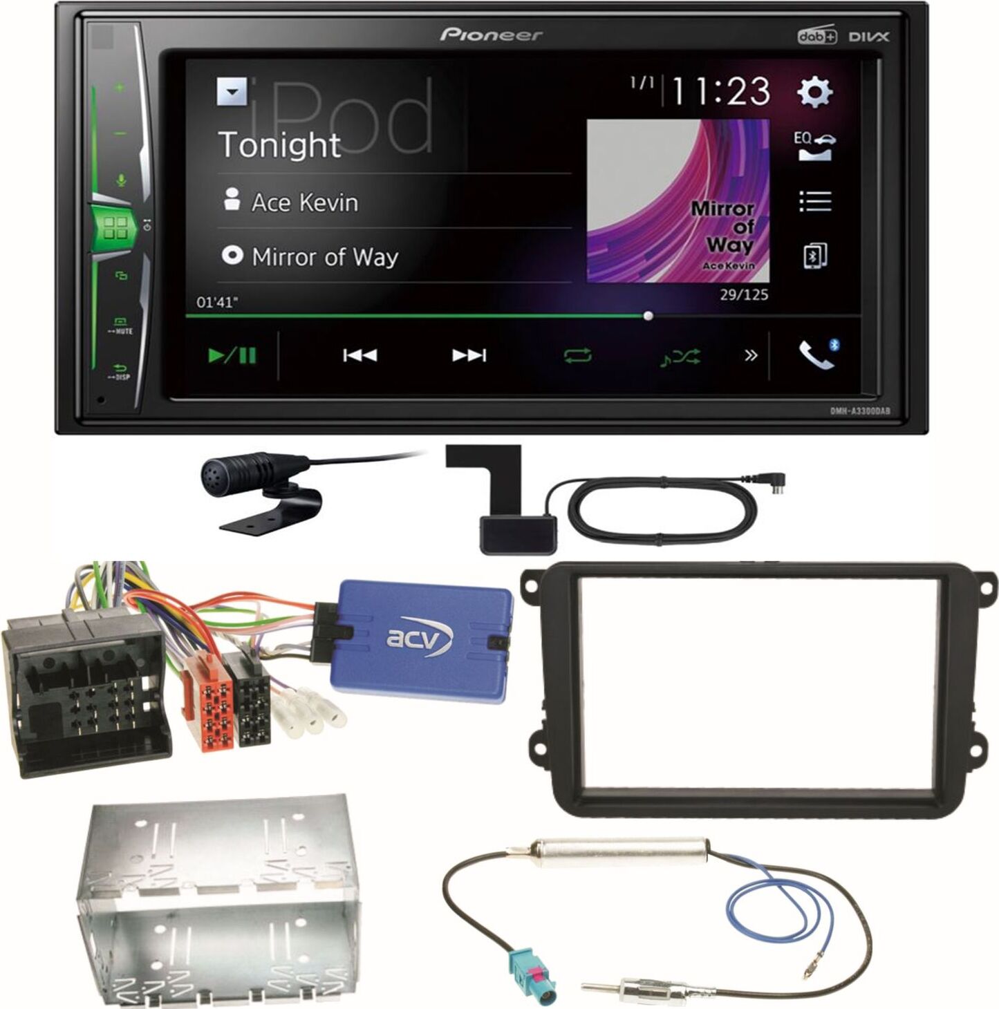Pioneer DMH-A3300DAB Bluetooth WebLink USB Einbauset für Beetle Jetta Sharan T5