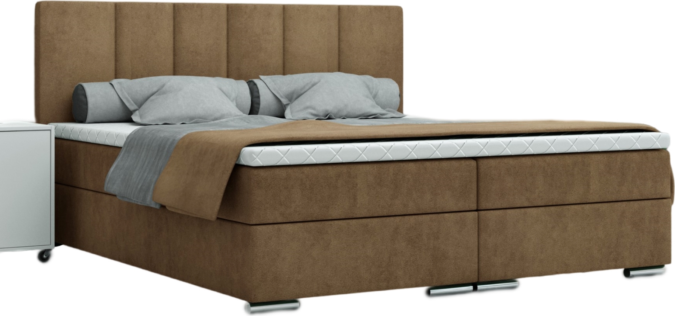 FURMEB24 - LIVIO 180 x 200 cm- Posteľ s pružinovým boxom a dvoma zásuvkami - Čalúnená posteľ s dreveným rámom - Manželská posteľ s vysokým čelom - Monolit - Hnedá