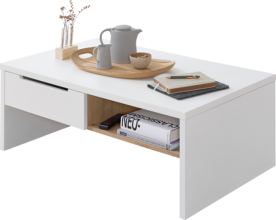 Wohnzimmer-Couchtisch mit 110 cm Breite in weiß matt und Eiche - MANRESA-36