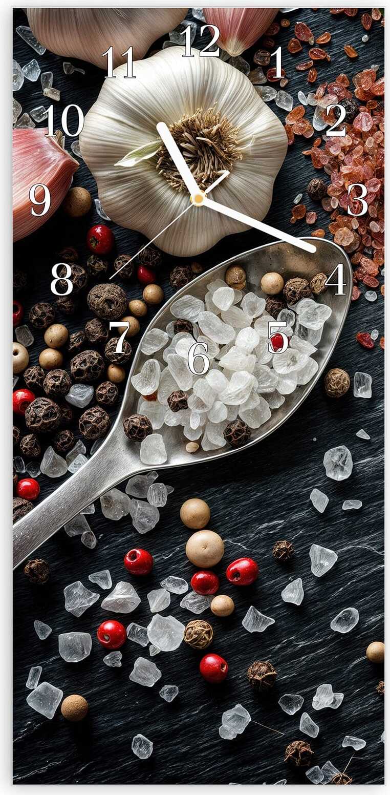 Primedeco Wanduhr aus Glas mit Motiv Küchenzutaten- 30 x 60 cm - inkl. Aufhängesystem