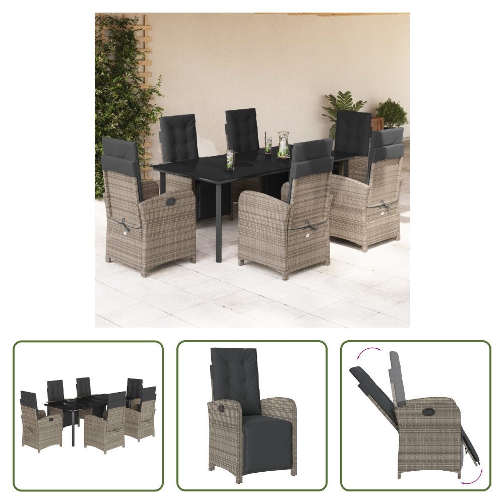 The Living Store 7-dielny záhradný jedálenský set s vankúšmi sivý polyratan