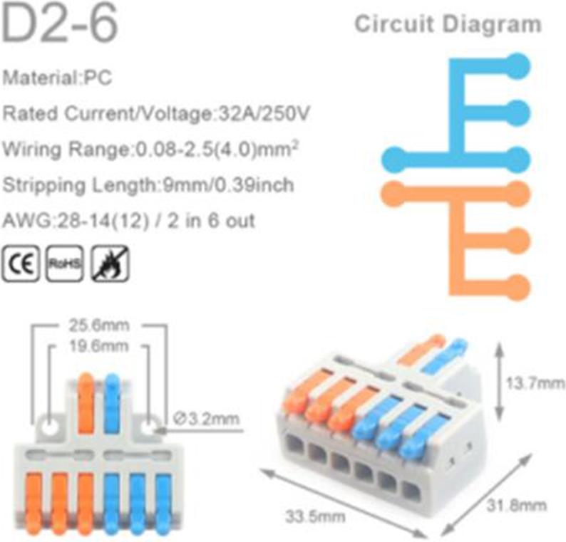Funduino Mini-Verbindungsklemme 5 Stk. 32A/250V - D1 / D2 / D3 : 2 auf 6 - mehrfarbig Ausführung: 2 auf 6 - mehrfarbig