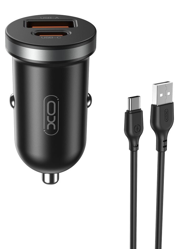 Schnellladegert 30W fr Auto XO car charger CC56 PD 30W QC 1x USB 1x USB-C, mit Kabel USB - USB-C cable, Schwarz