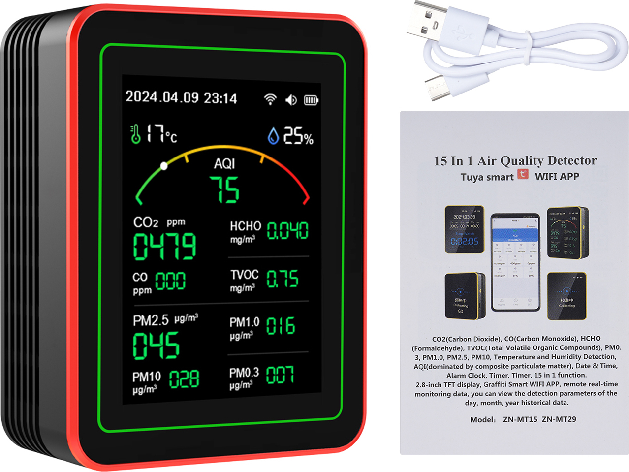 HOHOVYVY 15-in-1 Luftqualitätsmonitor – Echtzeit-Messung Von AQI, HCHO, PM, App-Steuerung (Tuya), 2000-mAh-Akku, Weiß