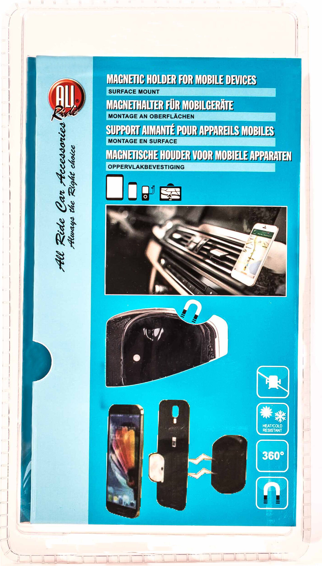 Magnethalter für Mobilgeräte von ALL Ride, Oberflächenmontage, Hitzeresistent, selbstklebend, 360° drehbar, 3-teilig 70028