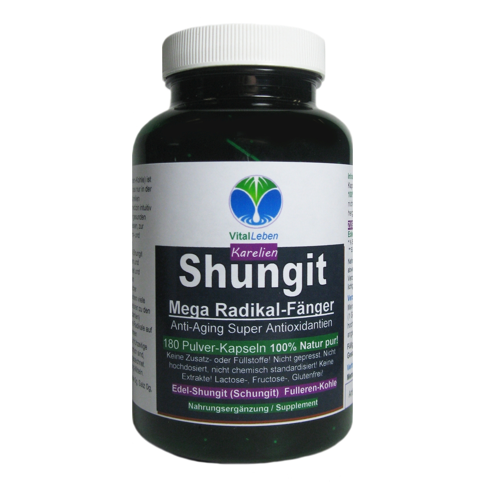 VitalLeben Edelschungit Schungit Elite Shungite 180 Pulver Kapseln. aus Karelien. 100% NATUR pur! OHNE ZUSATZSTOFFE. 26730-180