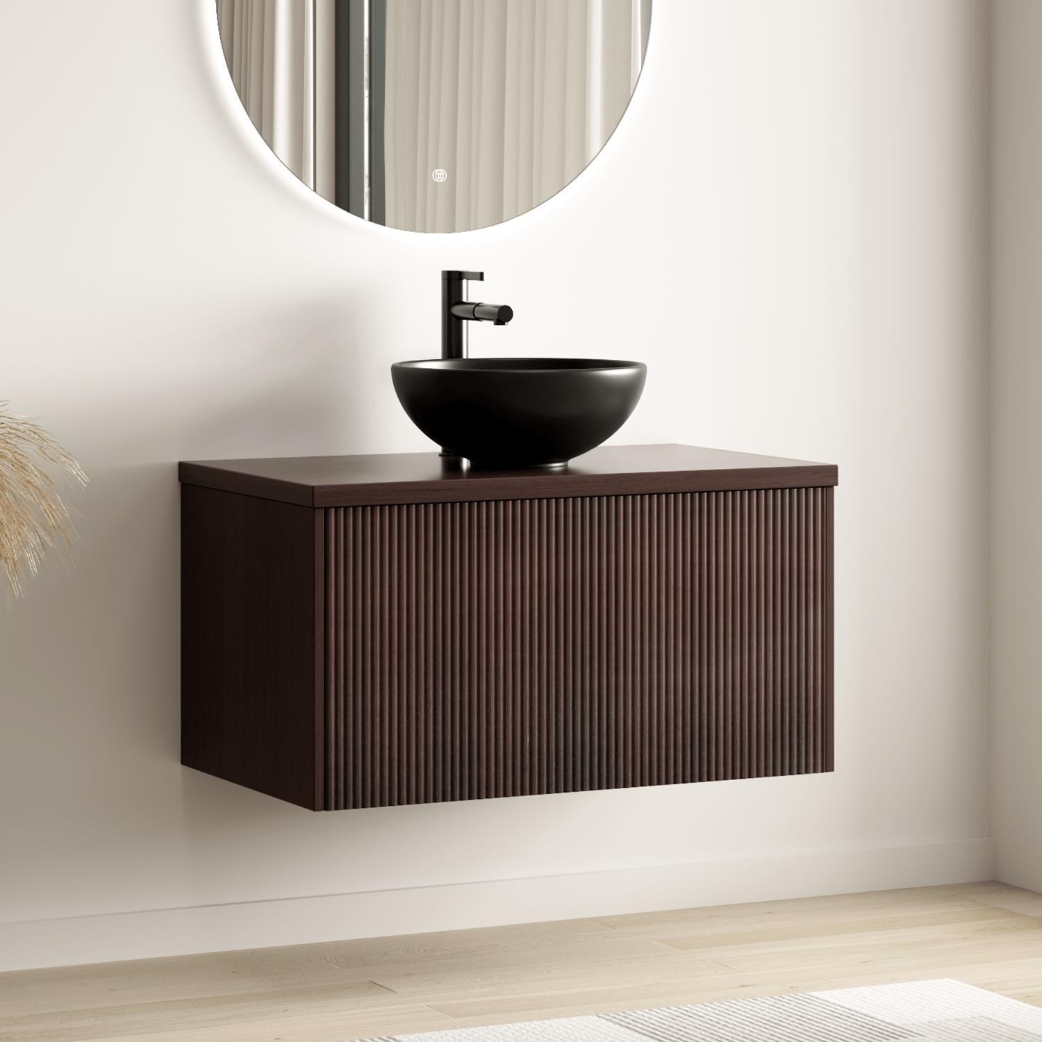 LOMAZOO Badezimmermöbel Walnuss gerippt 80 cm - Schwarzes Waschbecken - Unterschrank - Waschbeckenmöbel - Schwebender Waschbeckenunterschrank [MESSINA] MES-RIB-WZ-80