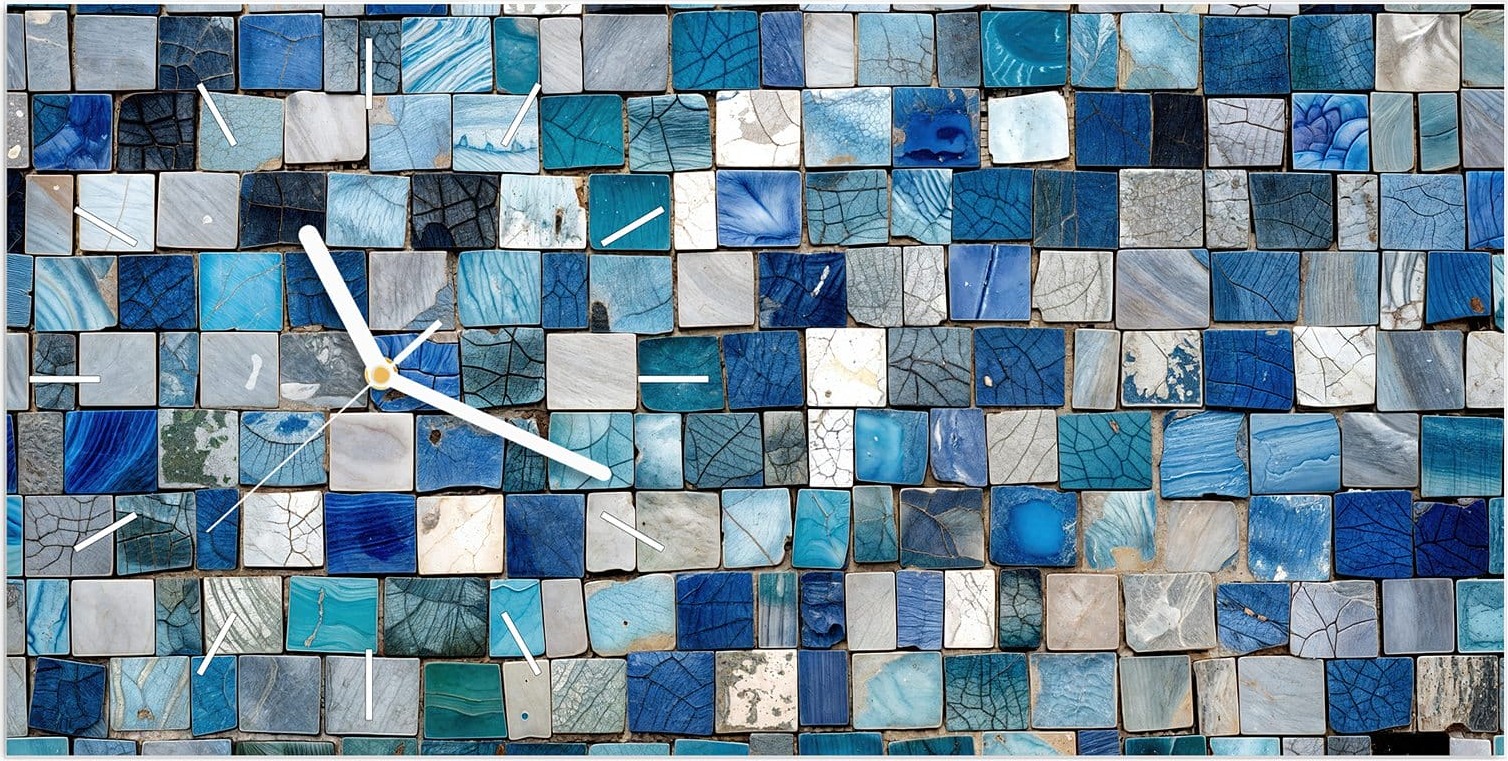Primedeco Wanduhr aus Glas mit Motiv Mosaikfliesenmuster- 60 x 30 cm - inkl. Aufhängesystem