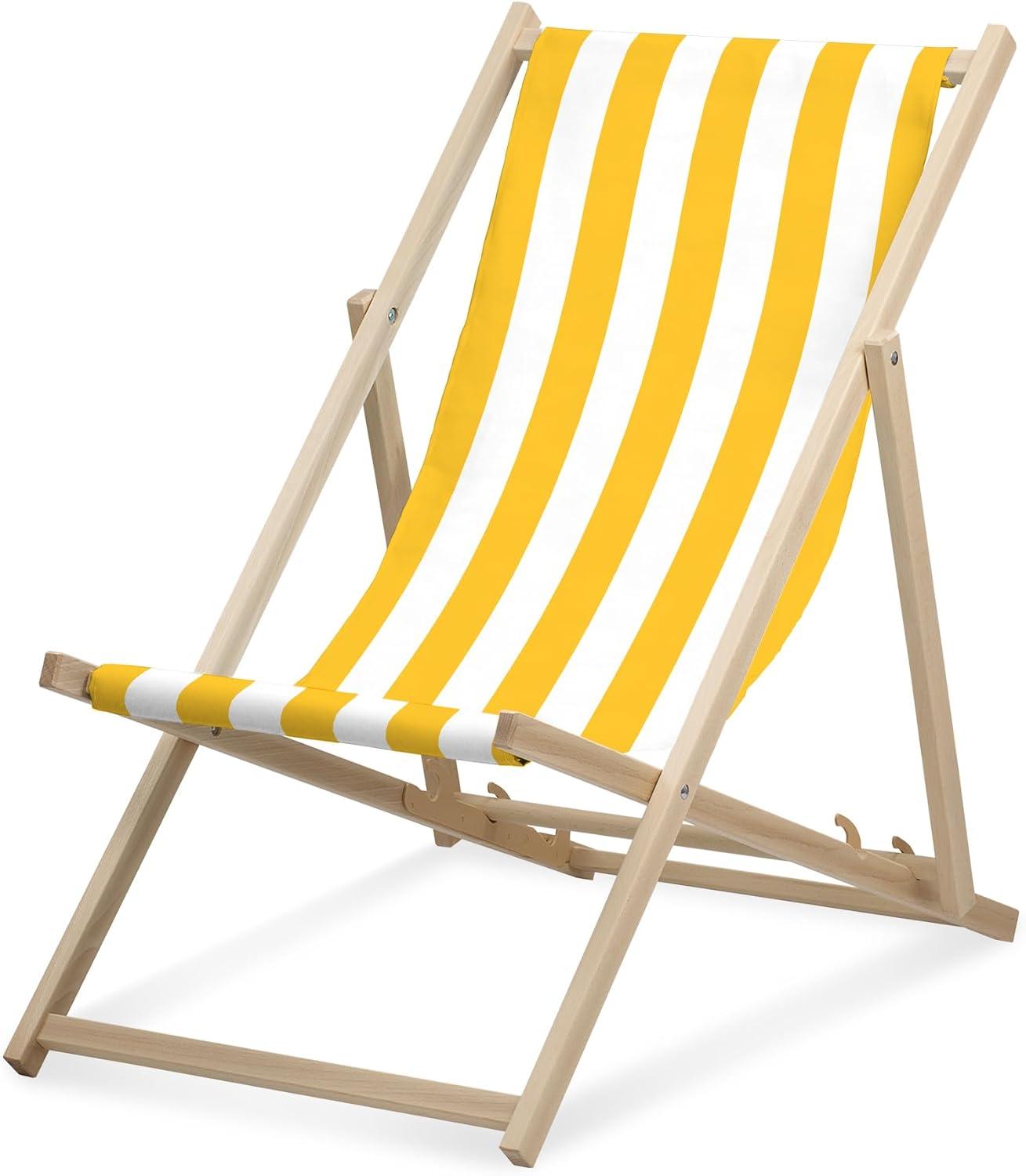 Lehátko - široké pruhované - žlté - skladacie - z bukového dreva - nosnosť do 95 kg - 3-smerovo nastaviteľné operadlo - plážové lehátko
