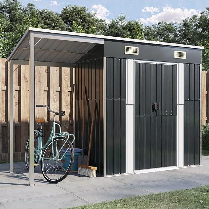 Unbranded Gartenhaus mit Schleppdach Gerätehaus Gartenschuppen Schuppen mit Stauraum Metallschuppen Geräteschuppen Gartenschrank Garten Schuppen Anthrazit 277x110,5x181 cm Stahl