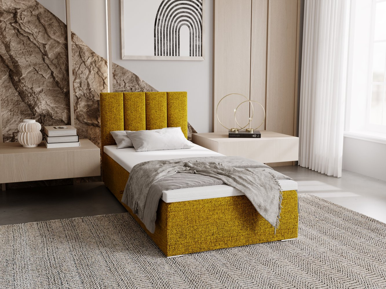 Čalúnená posteľ 90x200 ELSIE 4 s úložným priestorom - horčicová, ľavé prevedenie