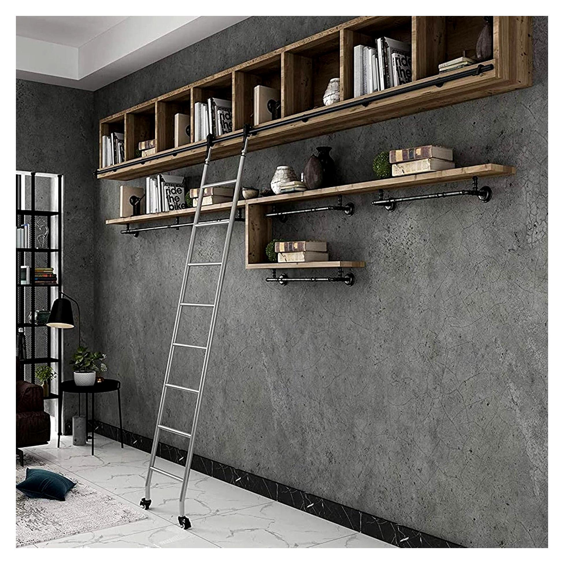 Markenlos Rollende Bibliotheksleiter, Hardware-Kit, Schiebeleiter, Bibliothek, komplettes Set, Hardware-Rollbahn mit Bodenrollenrädern, schwarzes Stahl-Rundrohr, mobile Leiterschienen