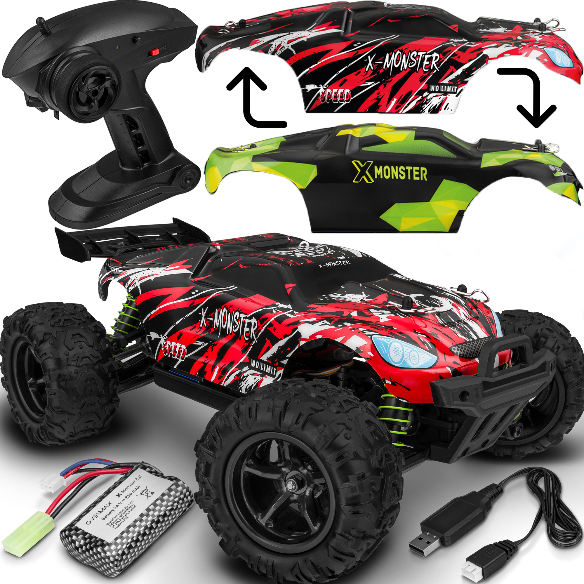 OVERMAX X-Monster 3.5 Truck ferngesteuertes RC Auto 30 km/h, 1:18, 2 Akkus, Allrad, 100m Reichweite (2 Bodykits) OV-X-MONSTER 3.5