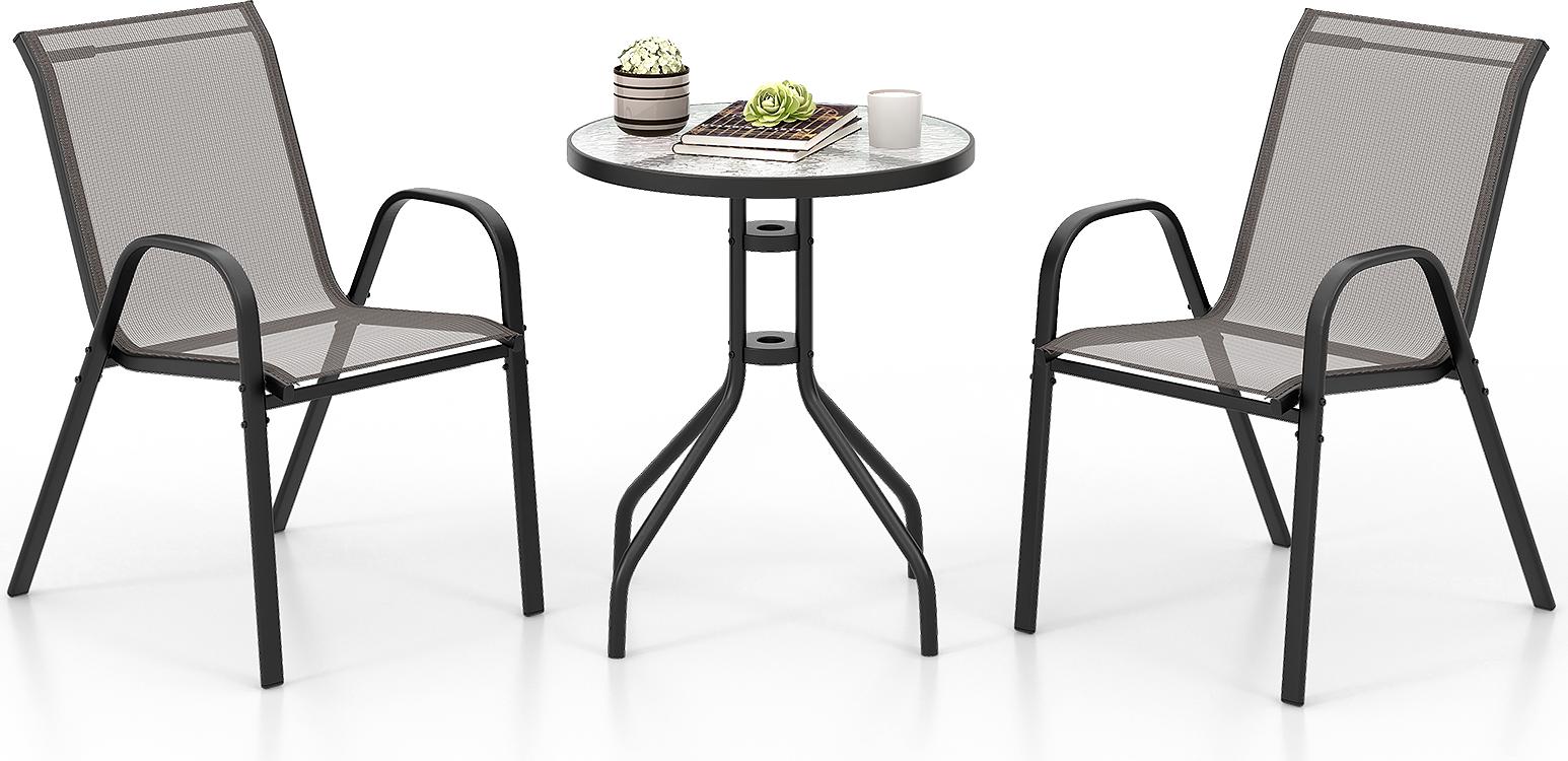 COSTWAY 3-dielna súprava balkónového nábytku, bistro stôl s 2 stohovateľnými stoličkami, bistro súprava, záhradná súprava, záhradný set, záhradný nábytok, sedacia súprava, sedacia súprava sivá