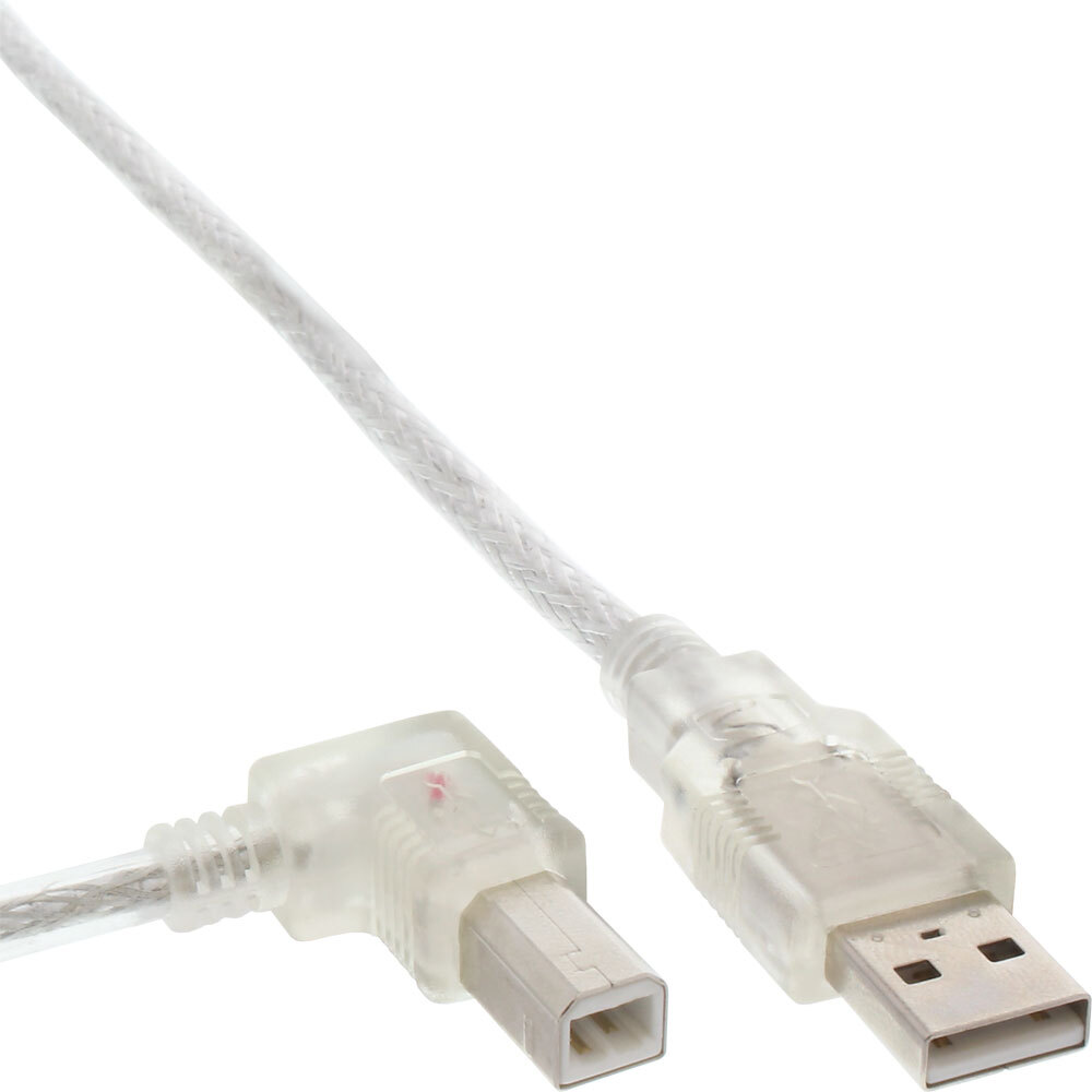 InLine USB 2.0 Kabel, A an B, links abgewinkelt, transparent, 0,3m, 0,3 m, USB A, USB B, USB 2.0, Transparent 34516L