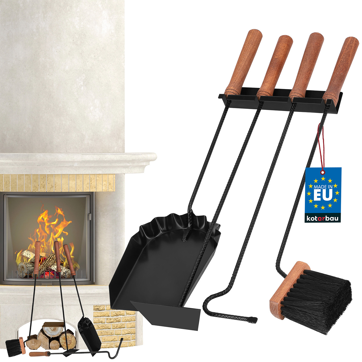 Set 5 Strumenti Per Caminetto Kingson – Pala, Attizzatoio, Spazzola, Pinze E Supporto, Elegante Nero, 22x16x66 Cm