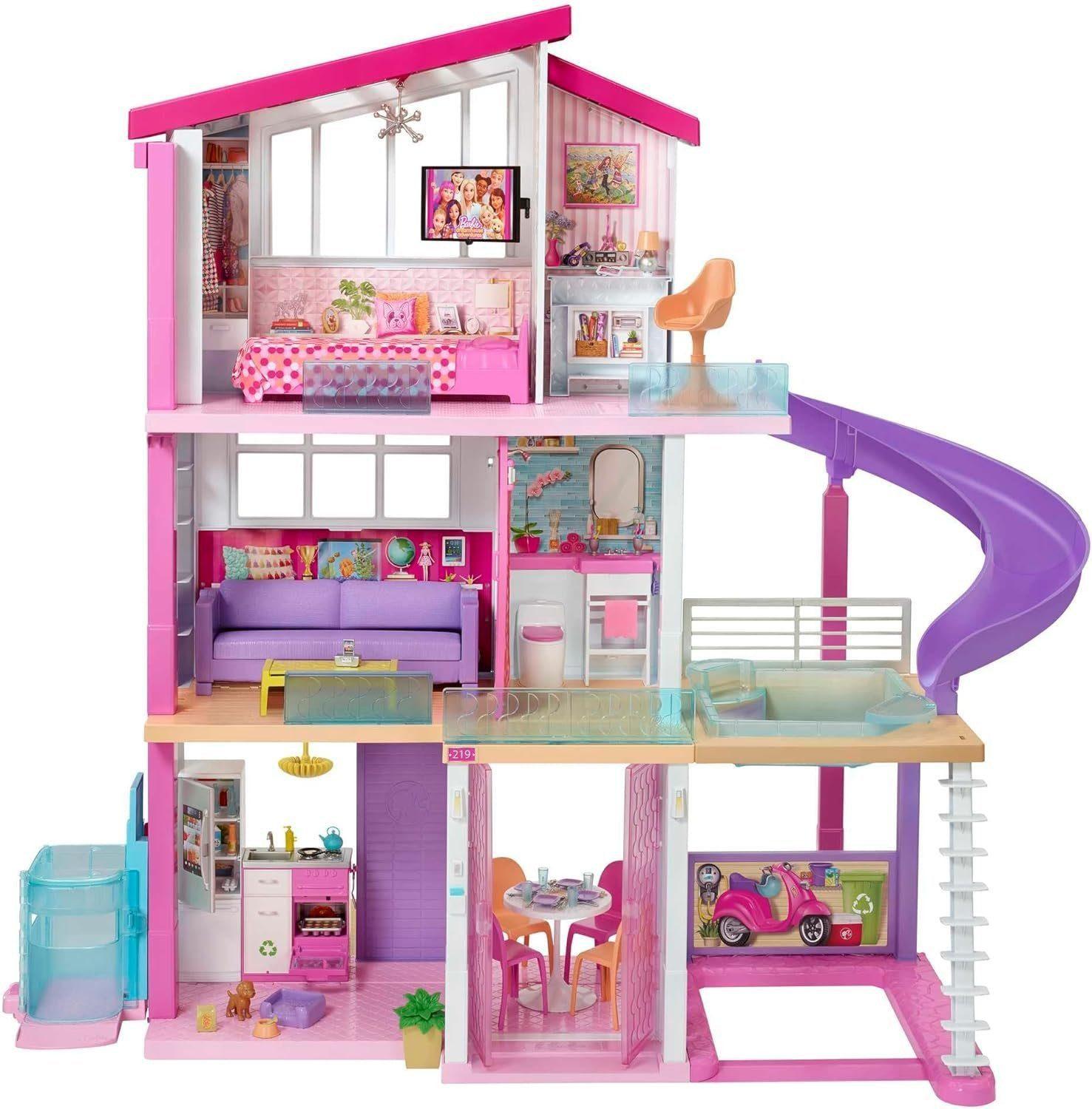 Barbie Puppenhaus Dream House, 3-stöckiges Puppenhaus mit 8 Zimmern, Barbie-Pool (Dreamhouse, Puppen Haus, Puppenhäuser, Set, mit Rutsche 70 -tlg