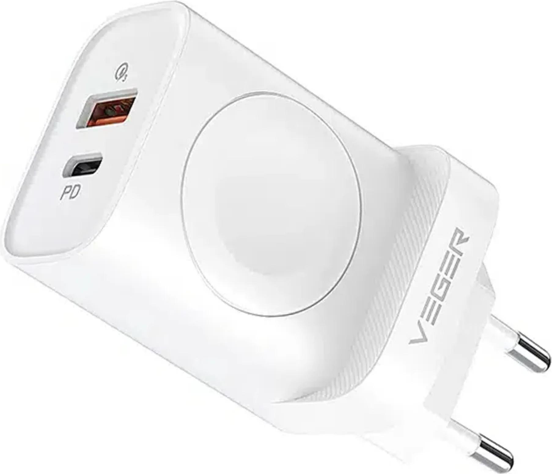 VEGER Netz-Ladegerät USB + Typ C + Ladegerät kompatibel mit Apple Watch PD 25W W002E weiß B-7043