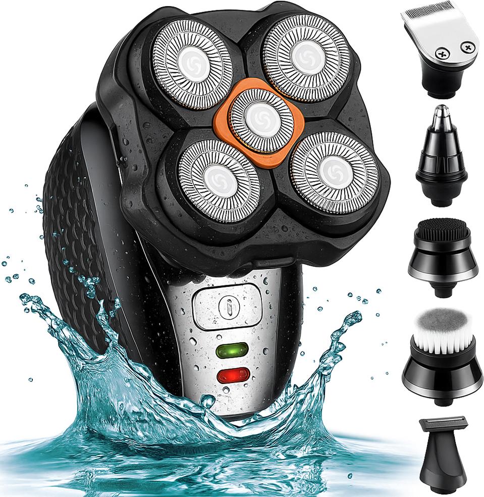 Linomag® multifunkčný elektrický holiaci strojček, profesionálny, 5D 6 v 1 s flexibilnými rotačnými hlavami, vodotesný, nabíjateľný cez USB, na hlavu, fúzy, nos a kontúry, čierny/strieborný