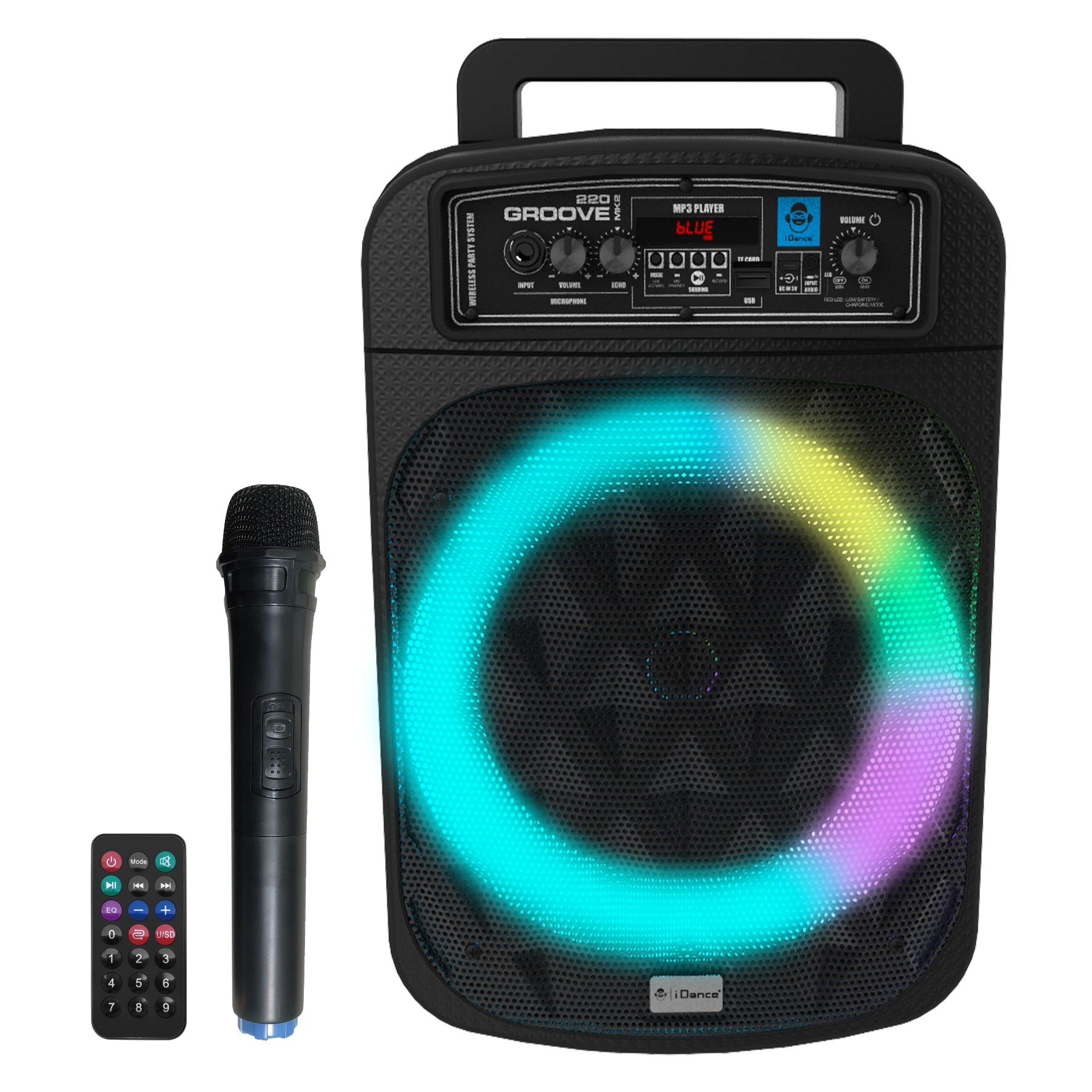 párty reproduktor iDance GROOVEMK2 - prenosný reproduktor Bluetooth s diskotékovým svetlom - 200 W - s bezdrôtovým mikrofónom