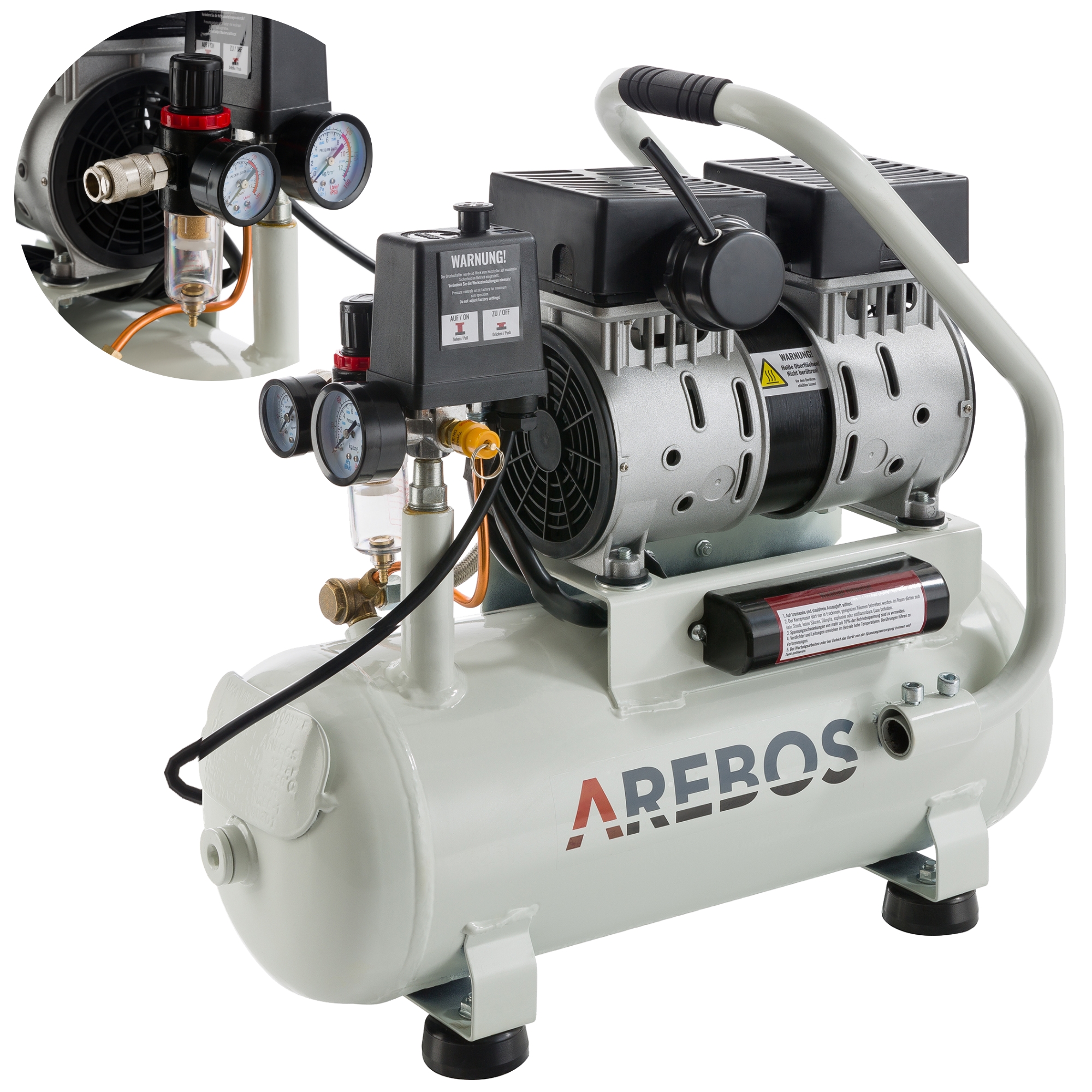 AREBOS 500W, Euro Luftkompressor Schnellkupplung, Ölfrei, 12l, Druckluft Flüsterkompressor Kompressor