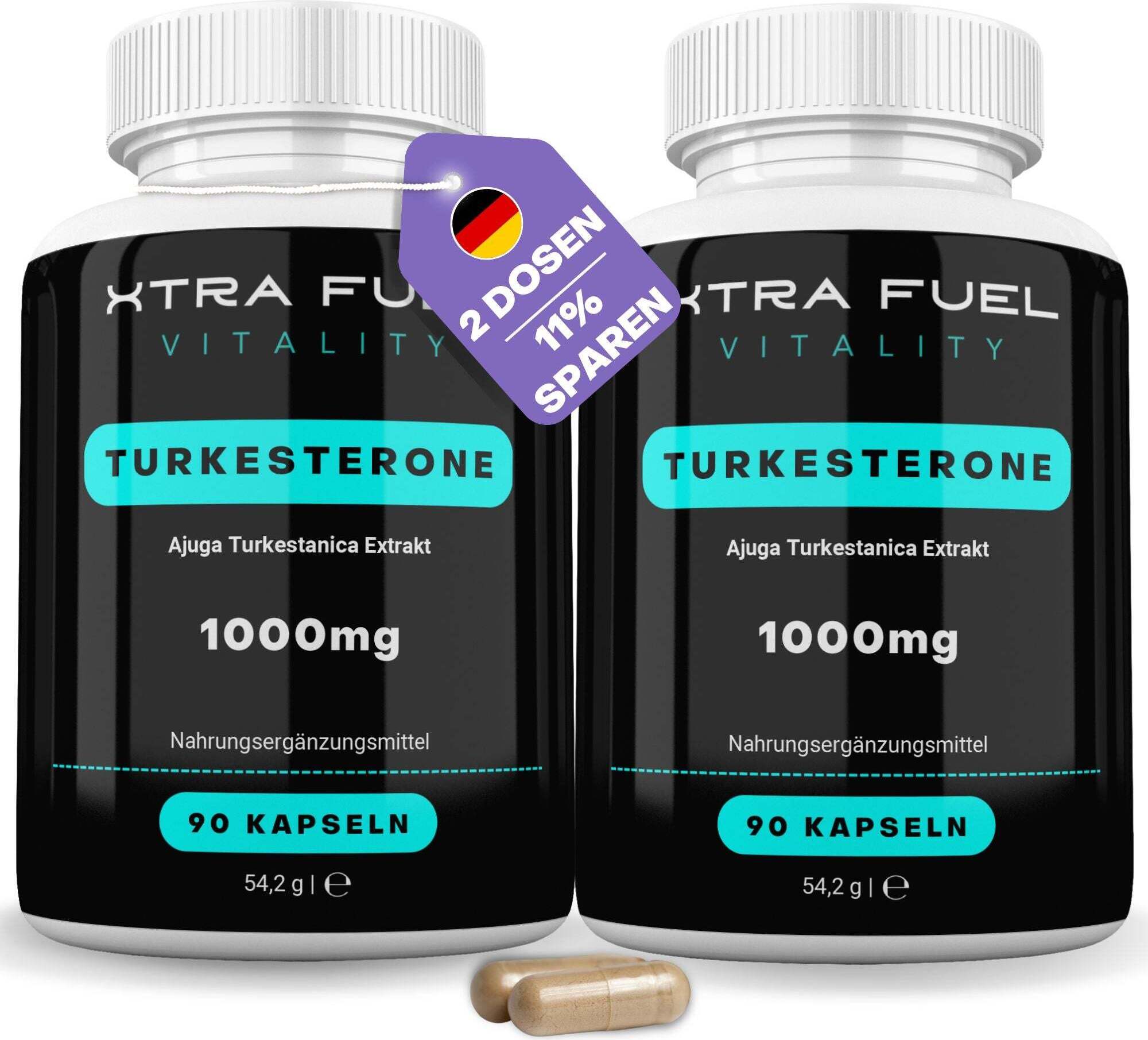 XTRA FUEL Turkesterone Kapseln - 1000mg Ajuga Turkestanica - Beliebt im Bodybuilding – 2x Dosen (180x Kapseln Turkesteron)