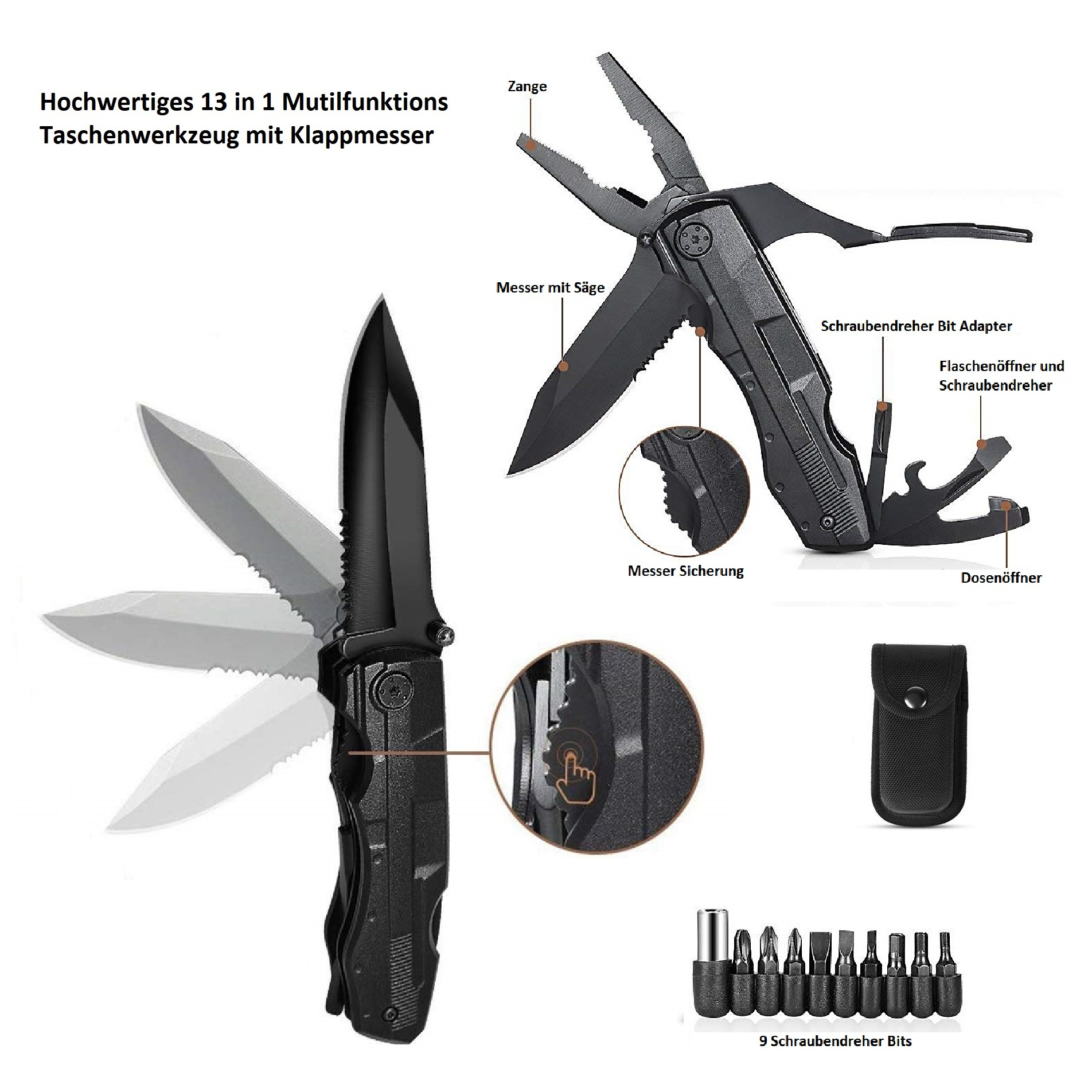 13 in 1 Multitool Zange Messer Schere Säge Taschenmesser Multifunktionswerkzeug 