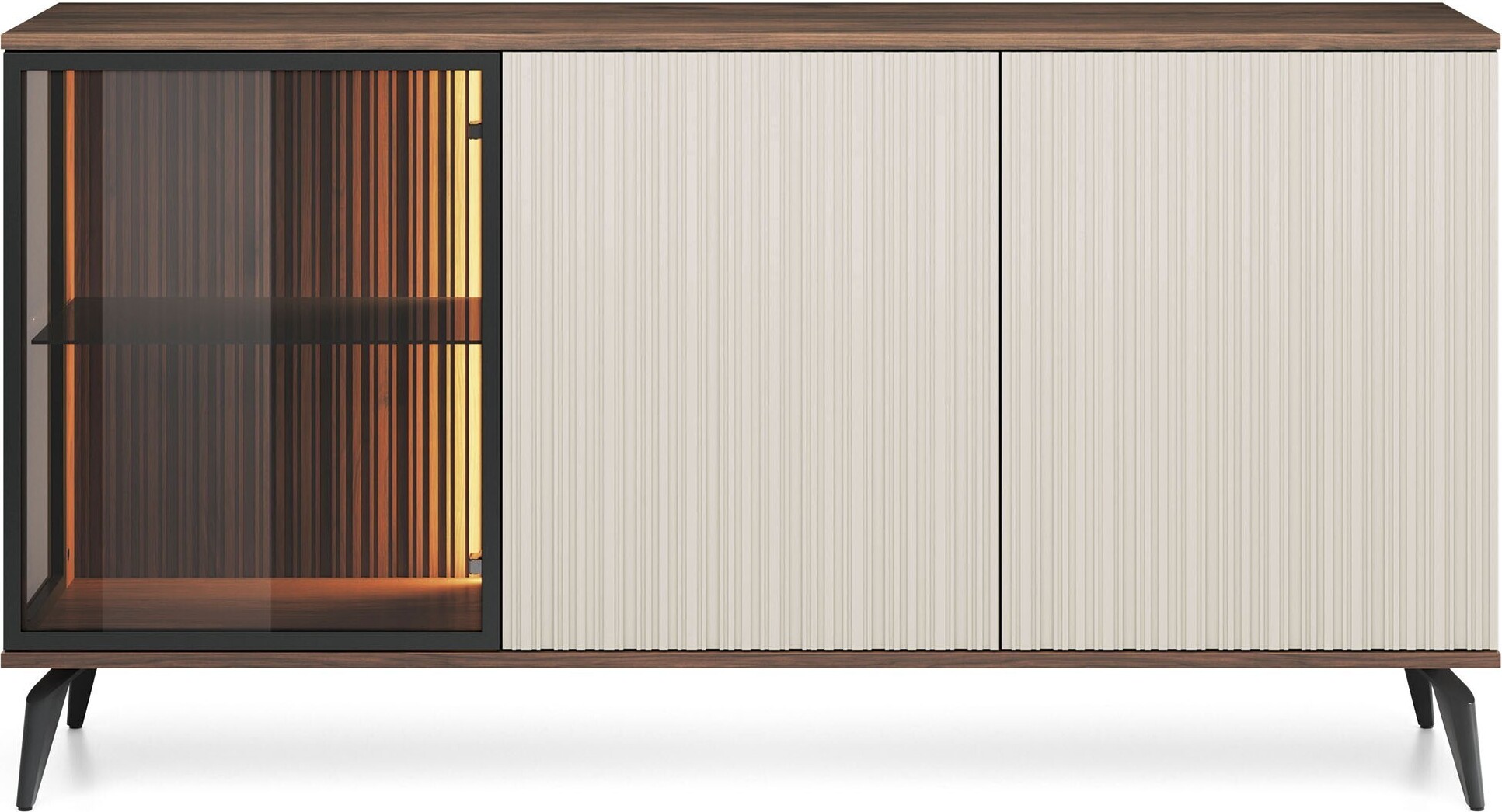 BETTSO Breite verglaste geriffelte Kommode mit LED-Beleuchtung VICO dreitürig Walnuss Warmia + Beige