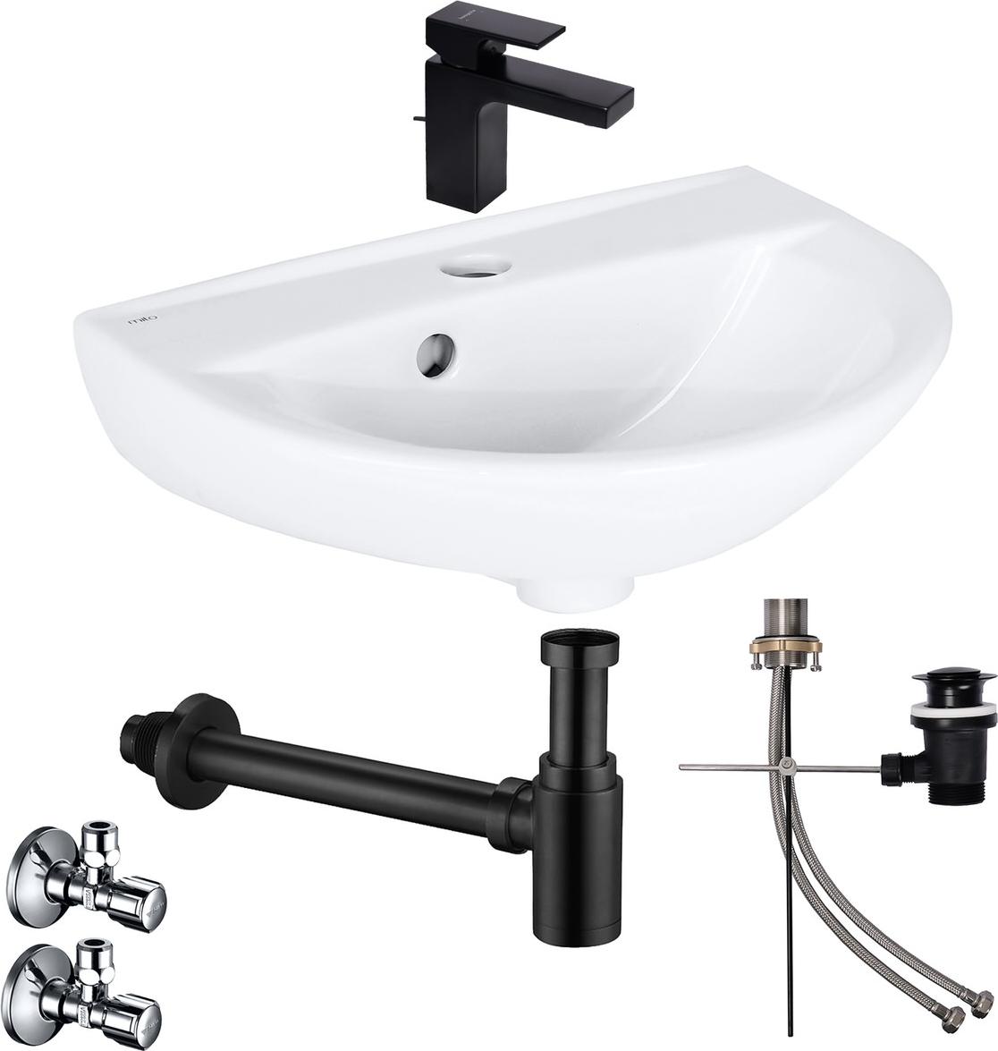 Waschbecken Komplettset Rosmarin 45 cm mit Hansgrohe Armatur Ablaufgarnitur schwarz und Siphon + Schell Eckventil