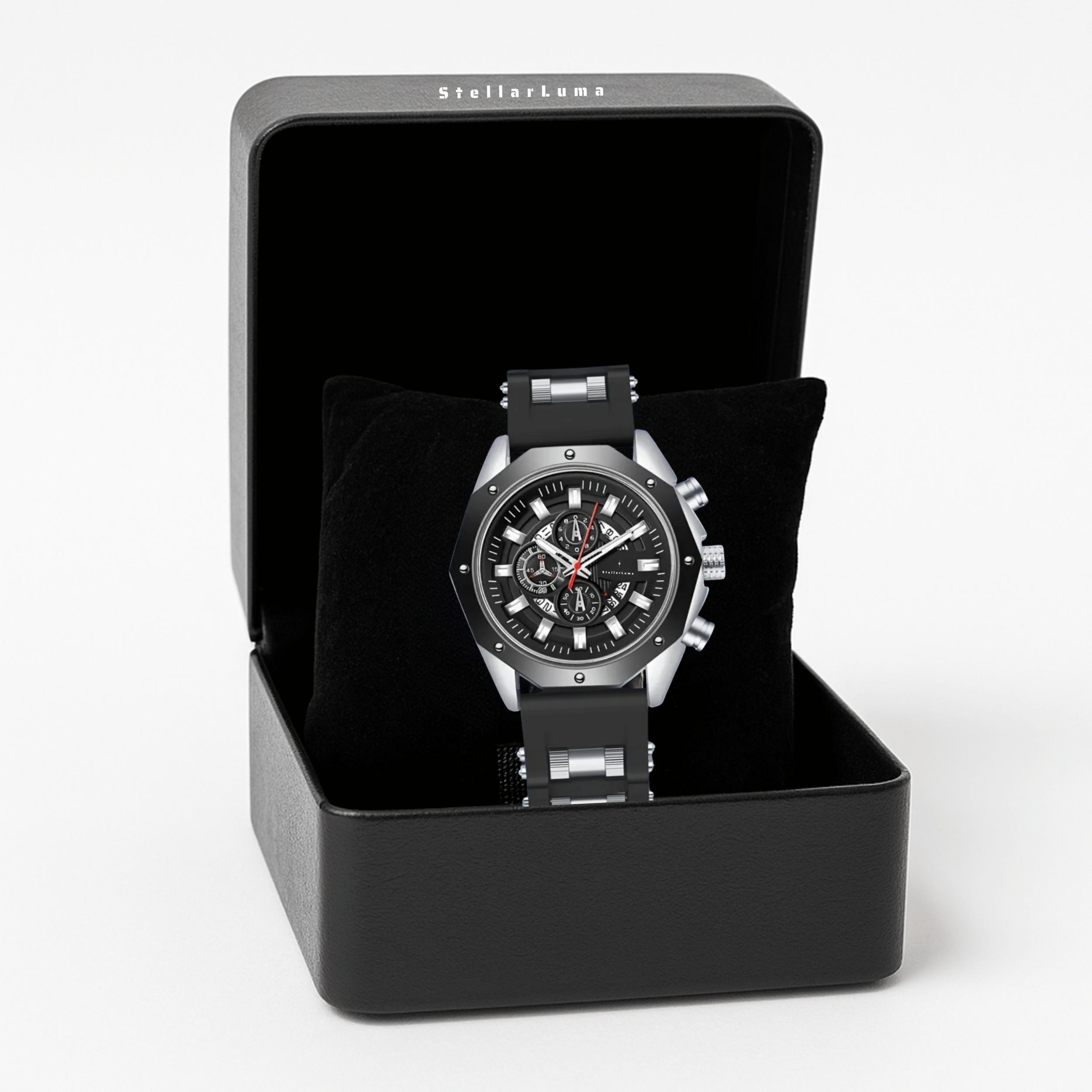 StellarLuma Herren Sportuhr Schwarz – Wasserdichte Armbanduhr mit Silikonarmband, Chronograph & Datum Asim Black