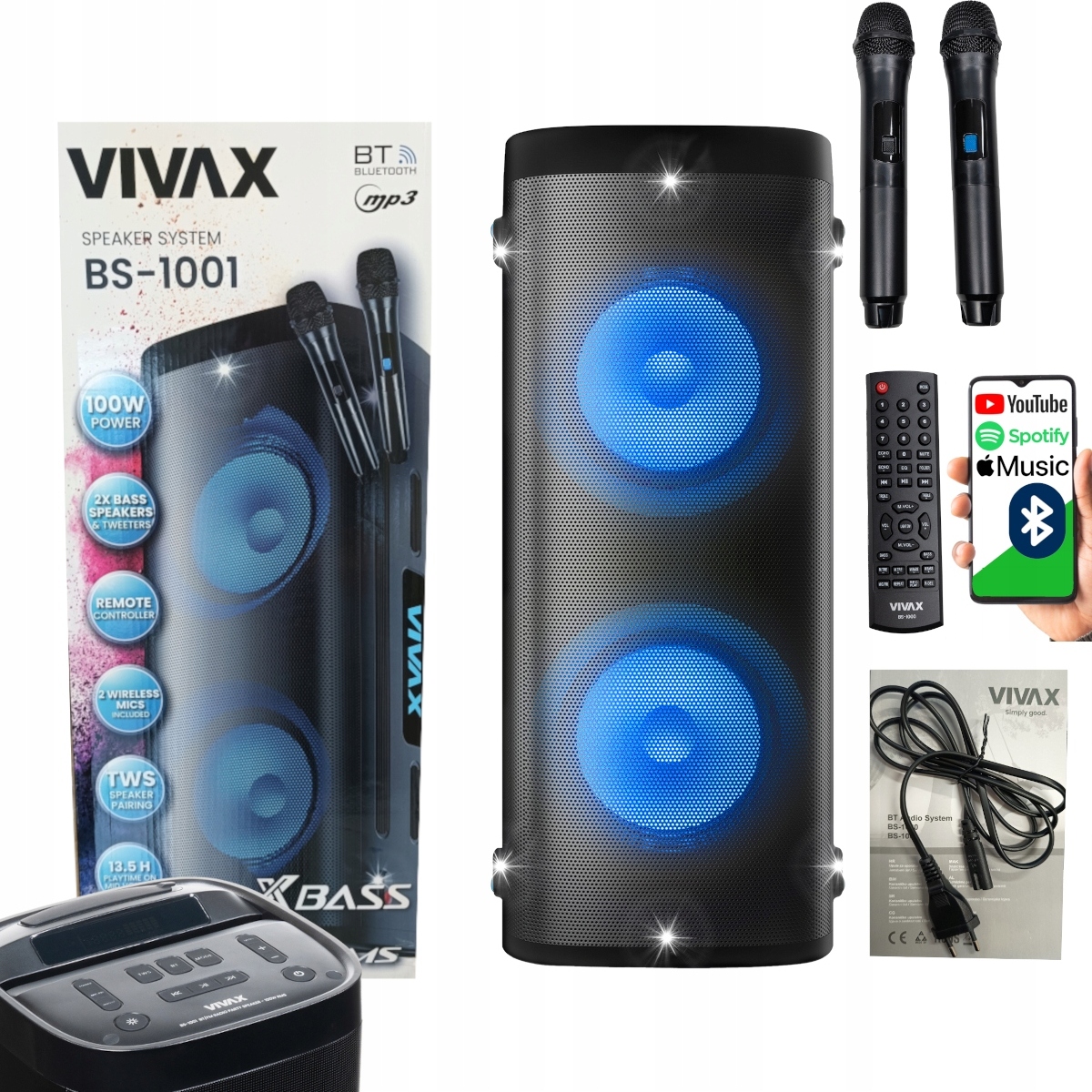 Bluetooth Lautsprecher Leistungsstark 100W! Vivax Karaoke + 2 Led-Mikrofone Aux/Usb, Tws BELLA-T-1475