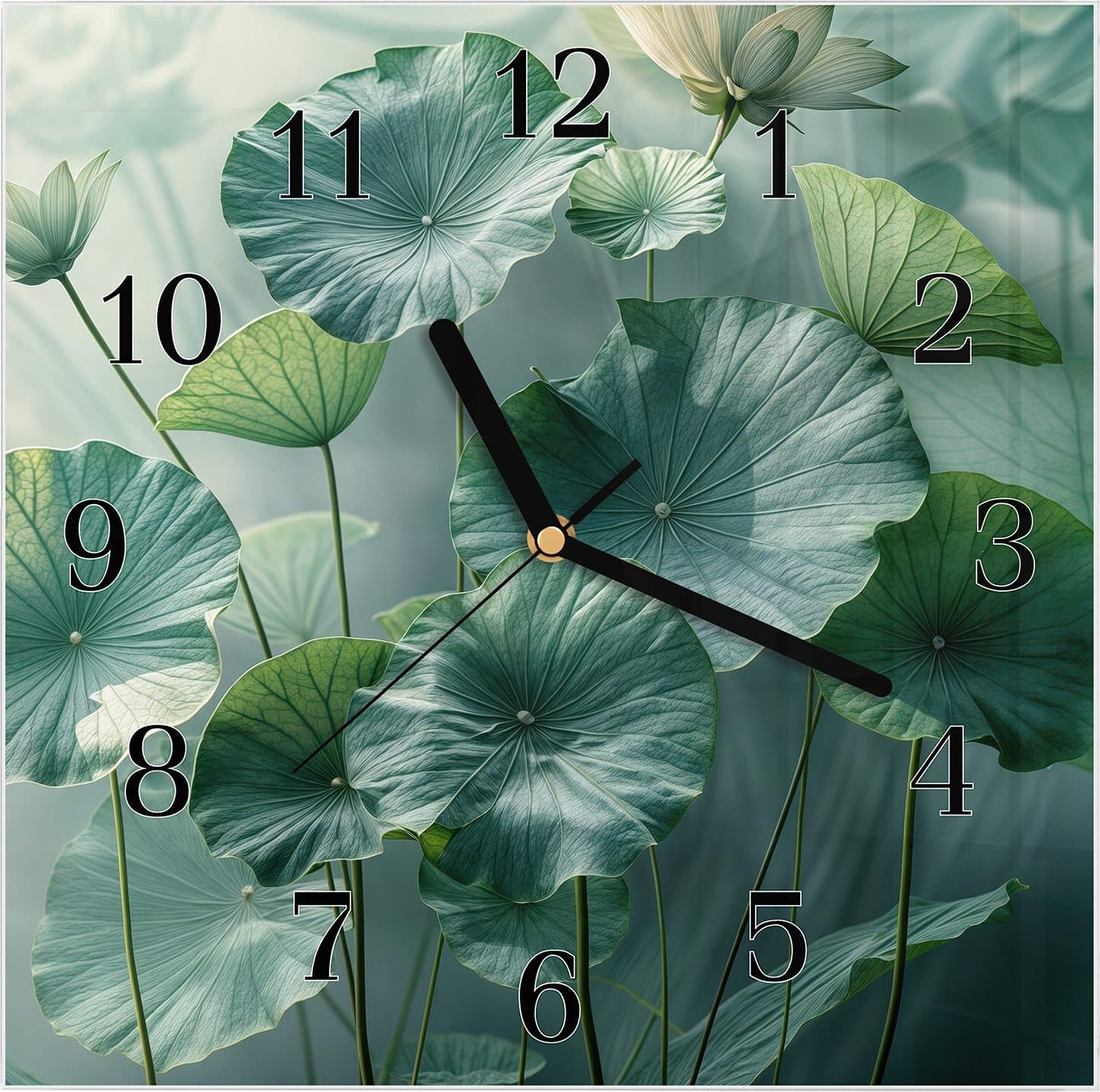 Primedeco Wanduhr aus Glas mit Motiv Lotusblätter Grün- 30 x 30 cm - inkl. Aufhängesystem