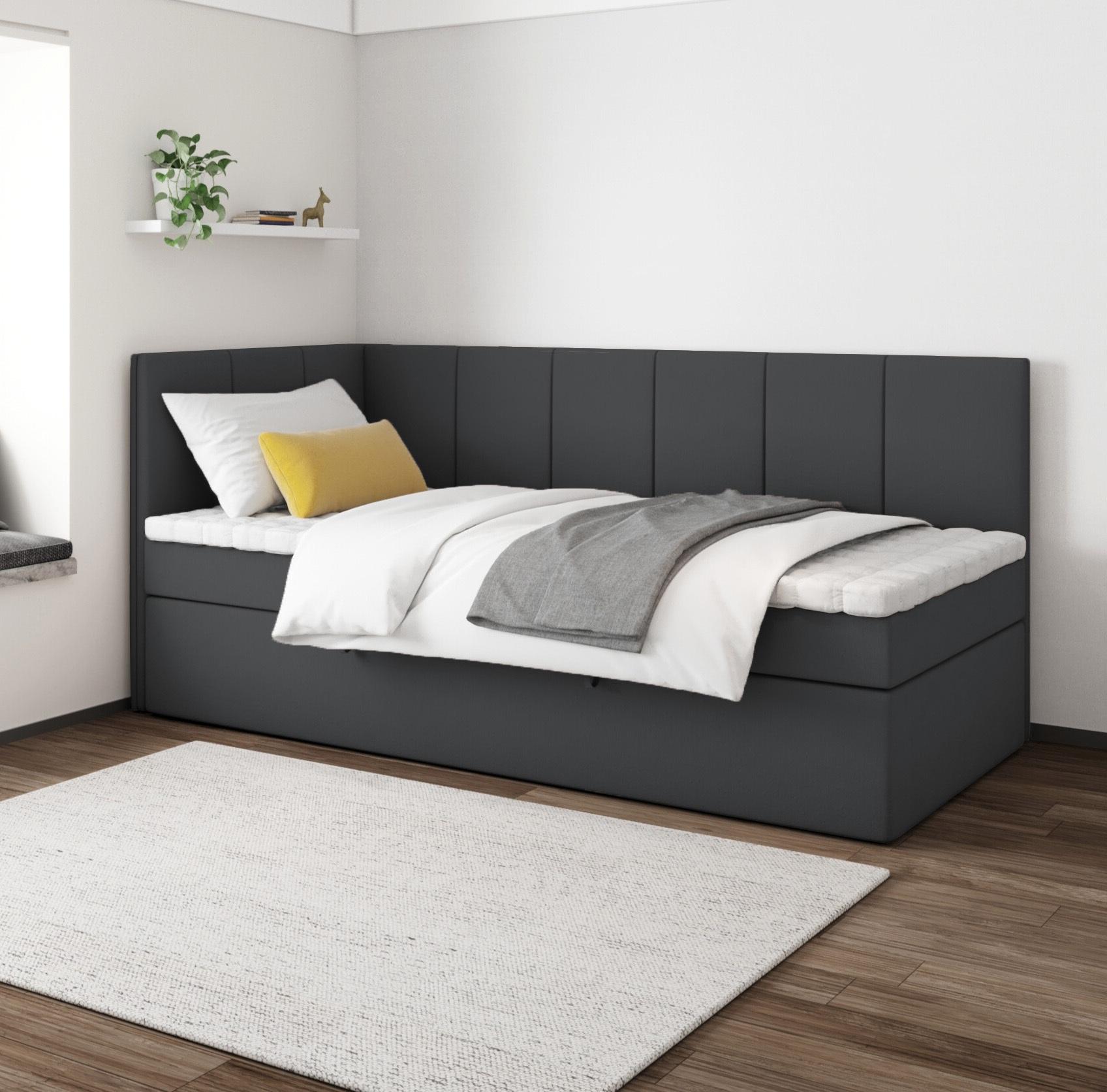 Boxspringbett POLA 80x200 cm, T25 Topper, Kinderbett, Jugendbett, Einzelbetten, Bett, Stauraum Polsterbett, Matratze H3, LINKS (Schwarz - Itaka 15)