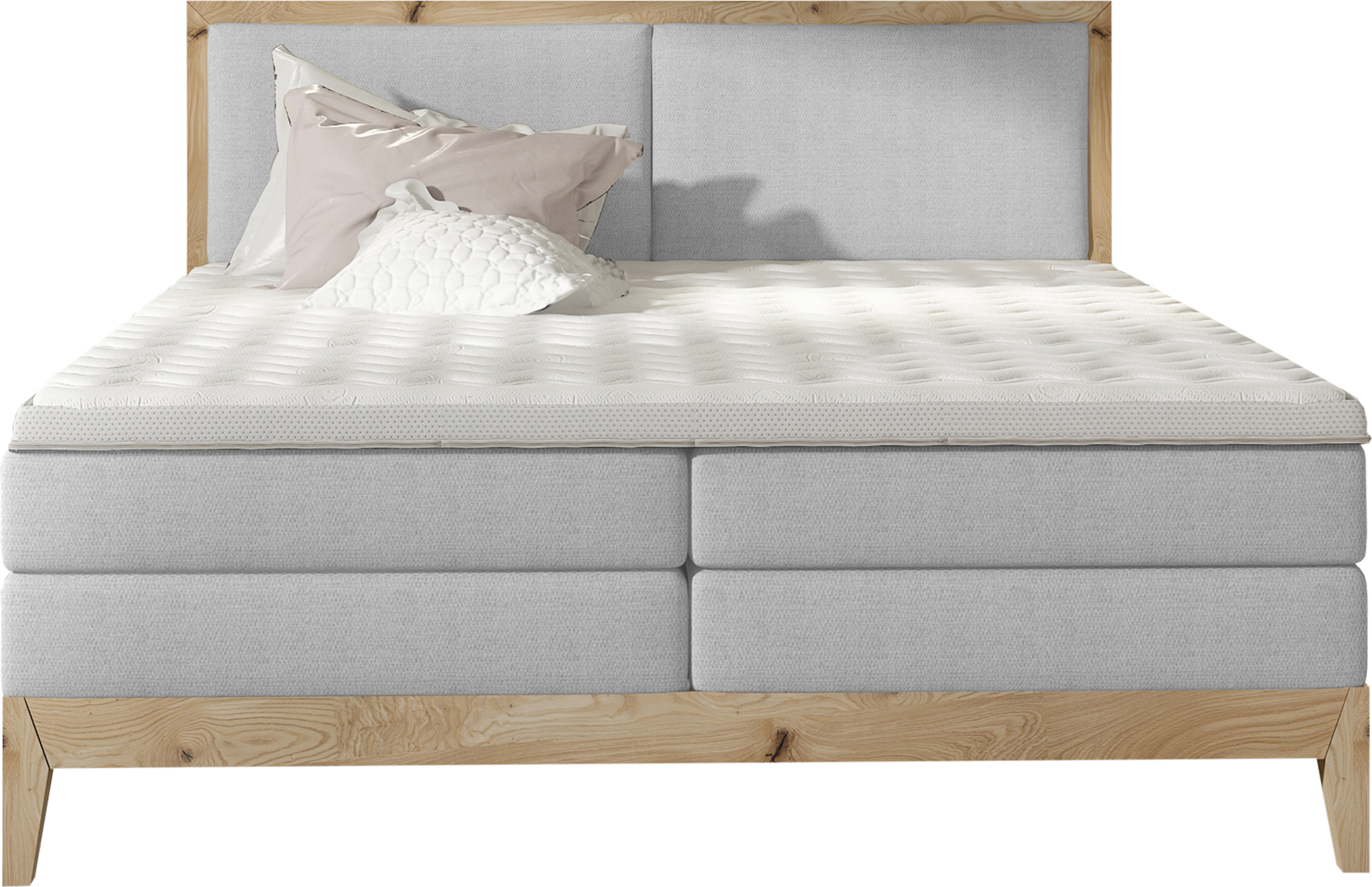 Schlafzimmer Bett Kontinentalbett IDA - Eiche Massivholz, 7-Zonen-Taschenfederkernmatratze, Premium Kaltschaum Topper - Boxspringbett Mit Beleuchtung | 140x200 cm | Hellgrau